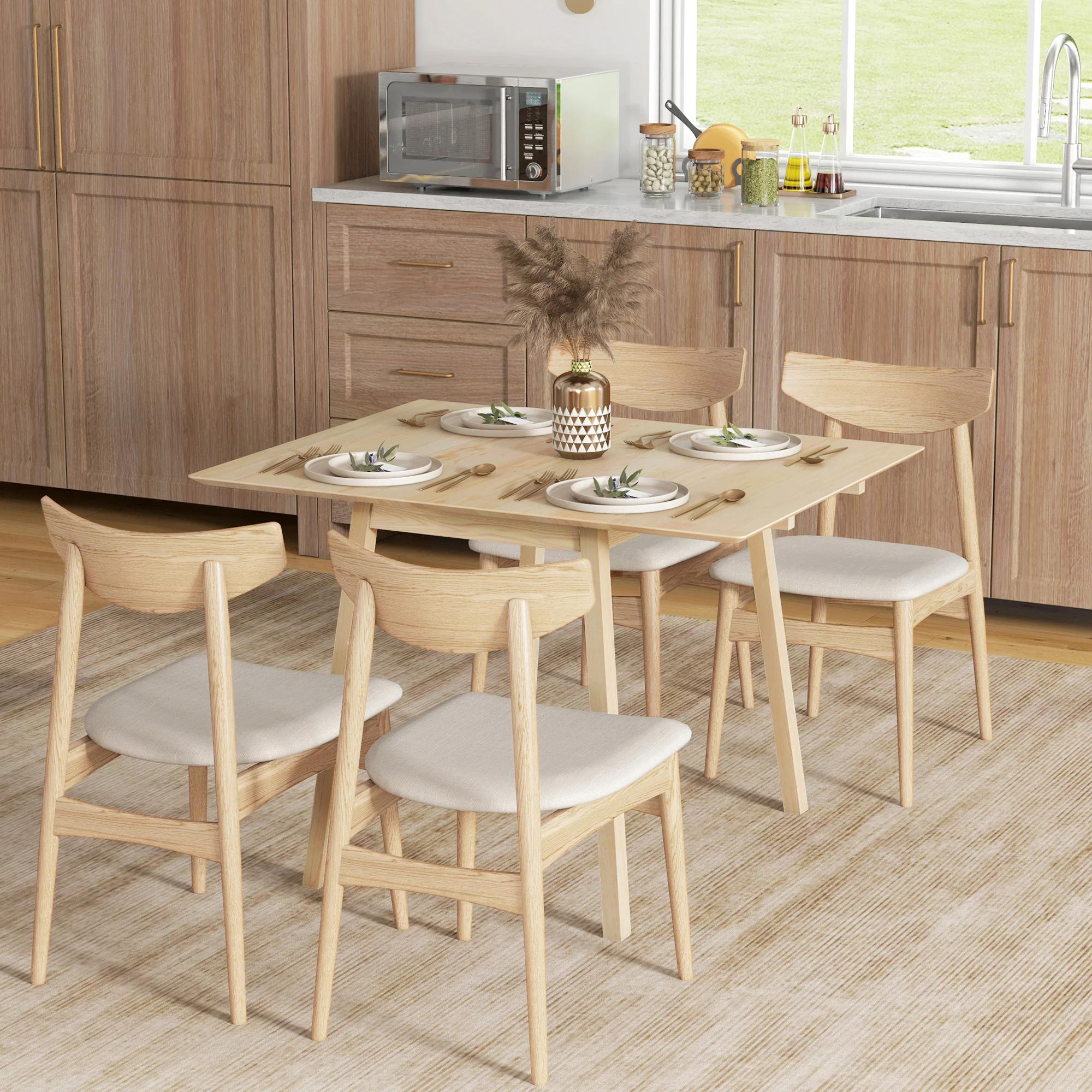 Solid Wood Folding Dining Table, Drop Leaf Table for 2-4 People, Natural Wood Finish - Image 3