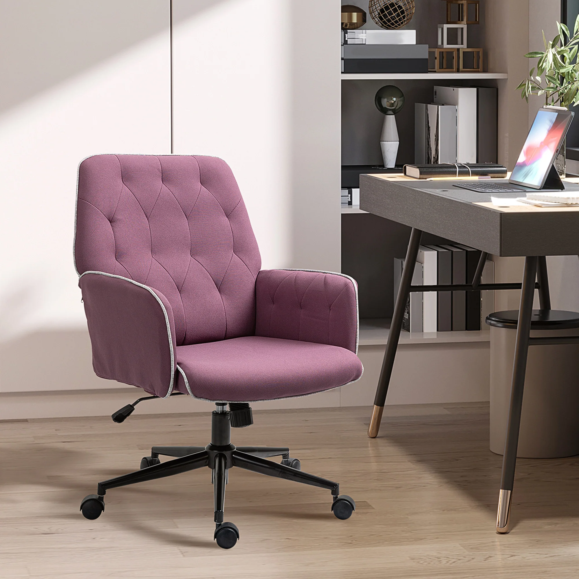 Spandex Home Office Chair Tufted Height Adjustable Desk Chair with Swivel Wheels Purple - Image 4