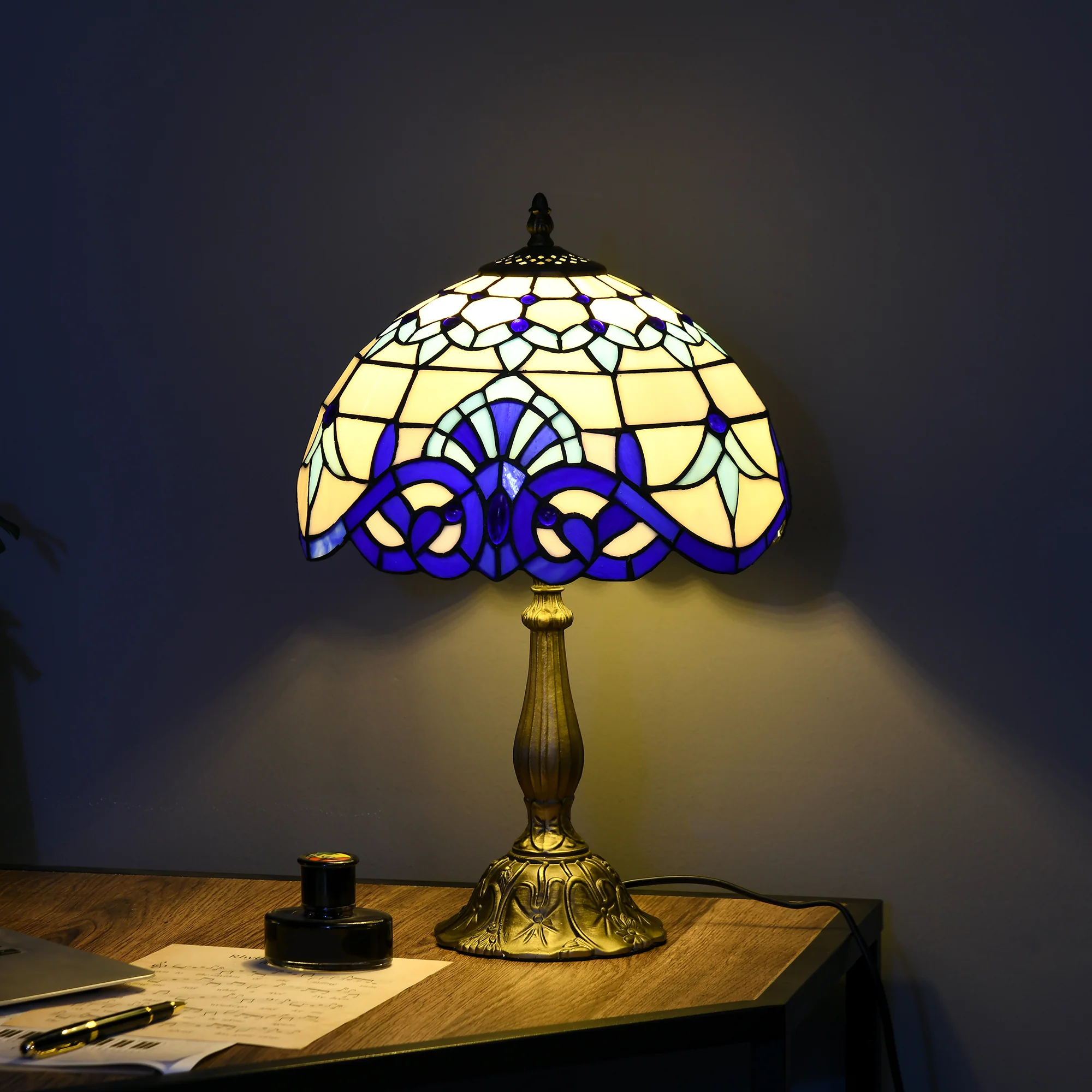 Handmade Stained Glass Table Lamp, Antique Bedside Lamp for Bedroom, Living room, Blue - Image 4