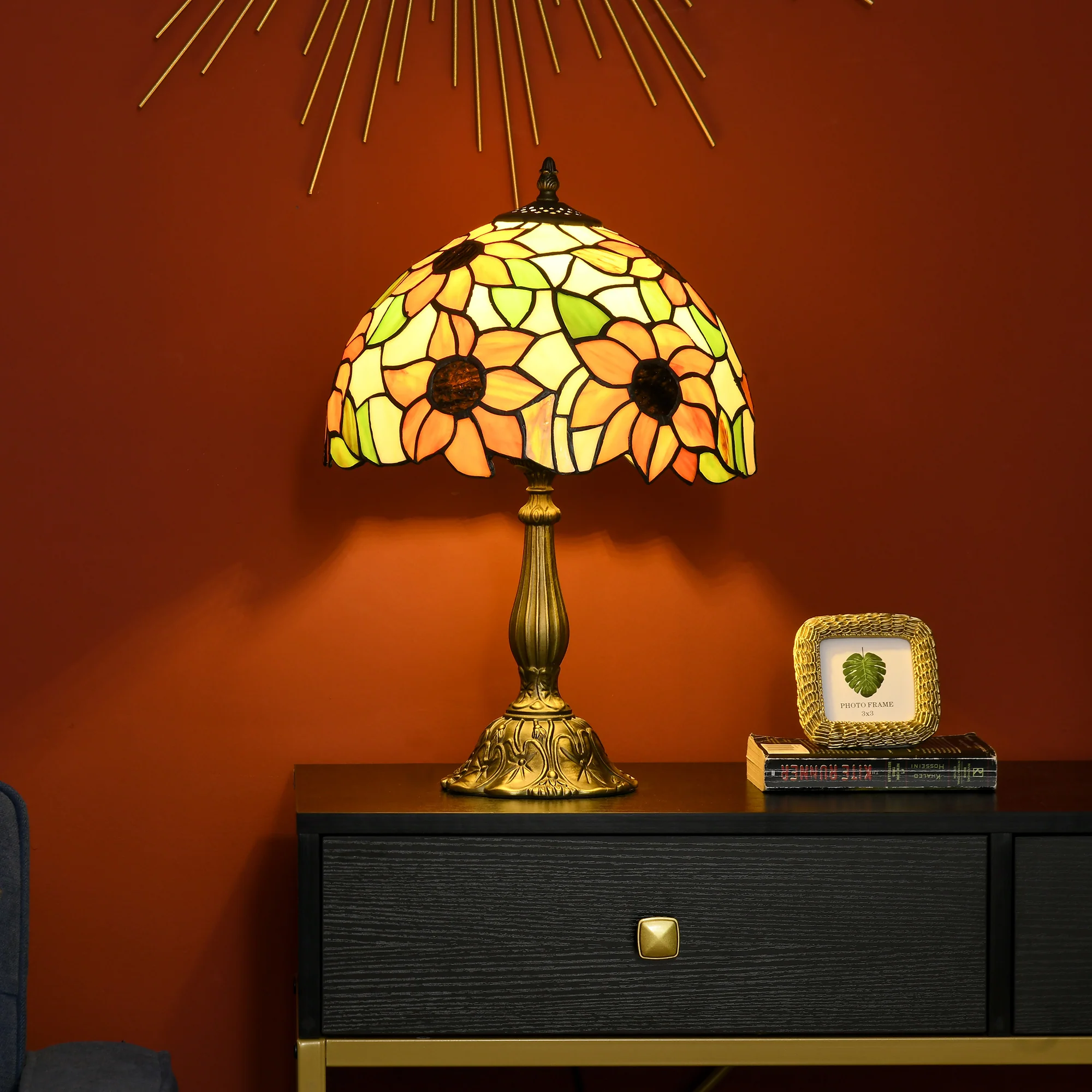 Handmade Stained Glass Table Lamp, Antique Lamp for Bedroom, Living room, Orange Sunflower - Image 3