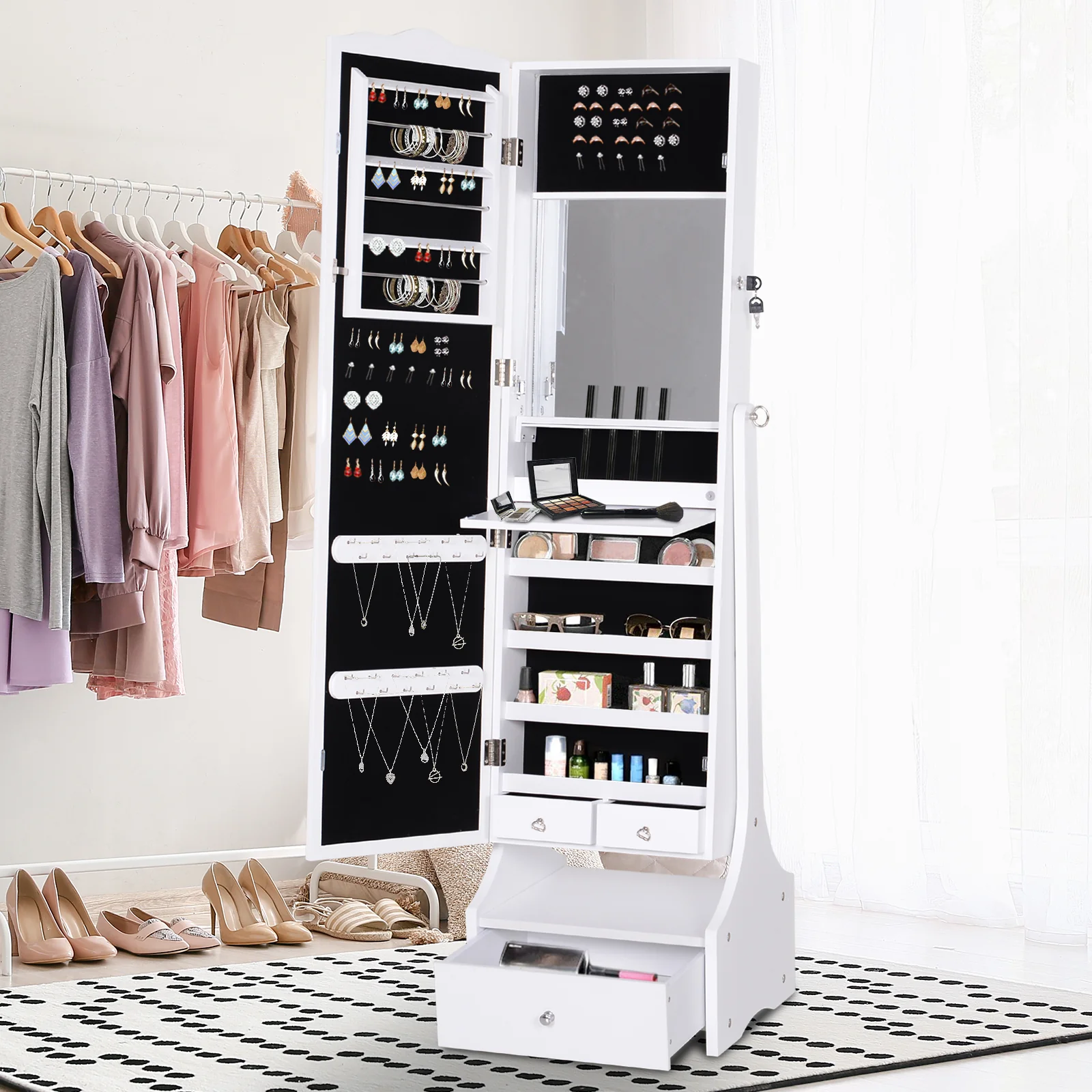 Standing Jewelry Cabinet with LED Lights, Full Length Mirror & Adjustable Angle, White - Image 6