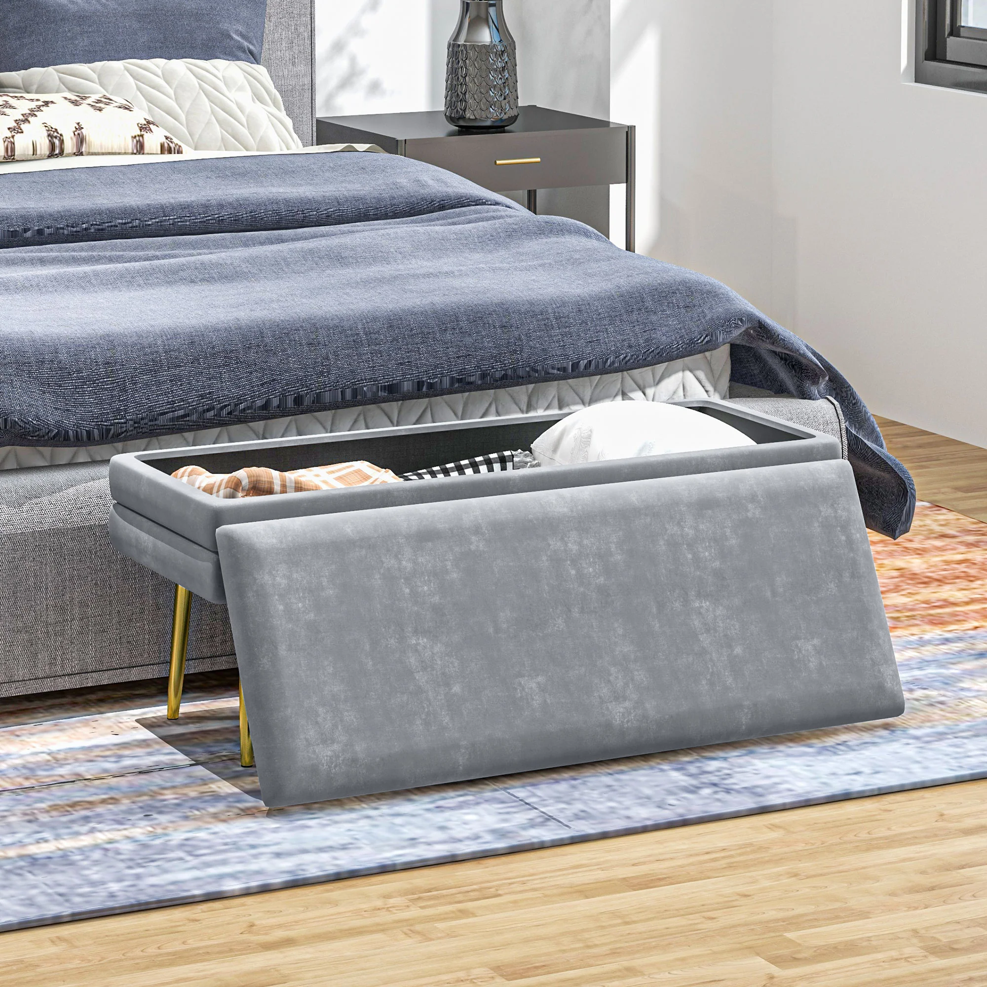 Velvet-feel Storage Bench, End of Bed Bench with Gold Tone Legs for Entryway, Dark Grey - Image 10