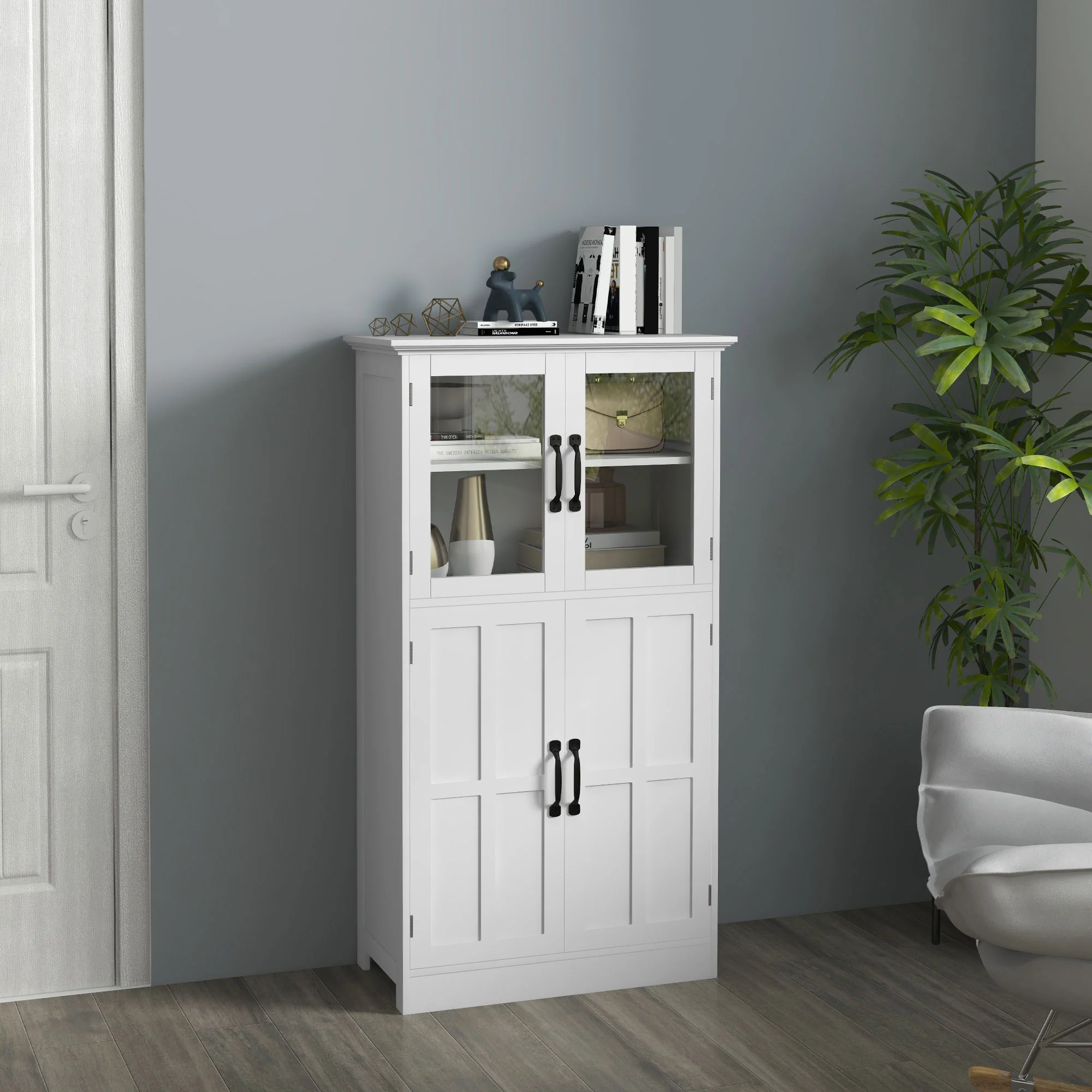 Freestanding Storage Cabinet with 4-Tier Shelving & Glass Doors, White - Image 3