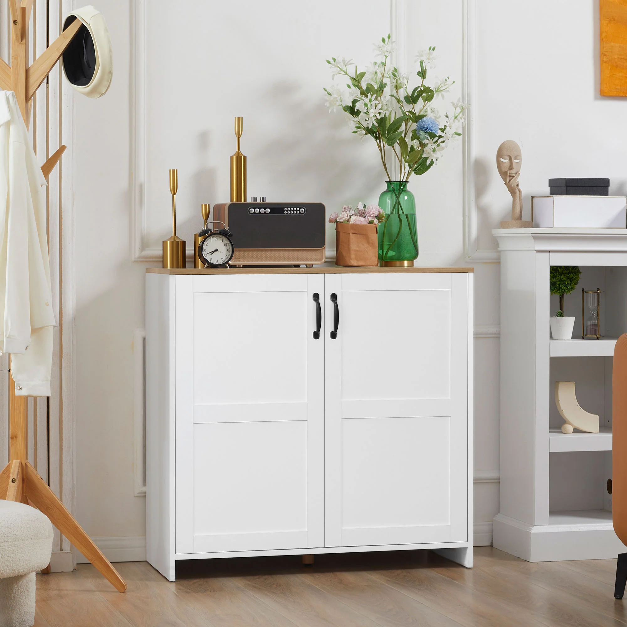 Storage Cabinet Kitchen Buffet Cupboard with 2 Doors and 2 Adjustable Shelves, White - Image 3