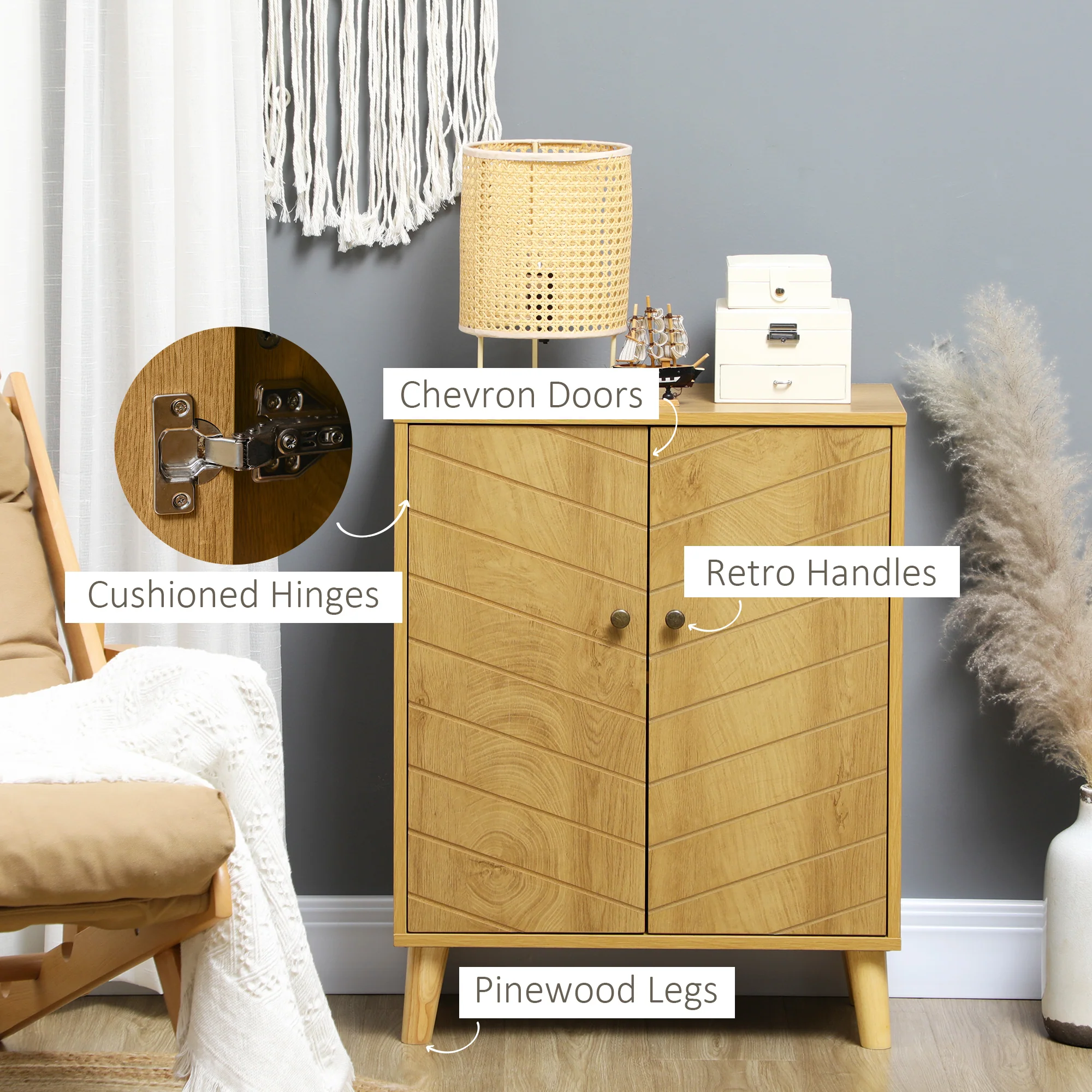 Vintage Storage Cabinet with Chevron Doors & Wood Legs, Natural - Image 8