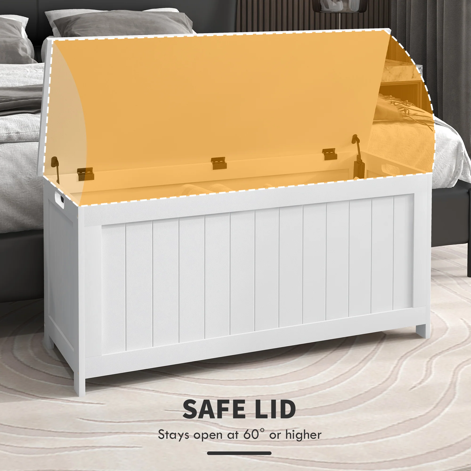 Storage Chest Bench w/ 2 Safety Hinges & Cut-out Handles for Living Room, Entryway, White - Image 6