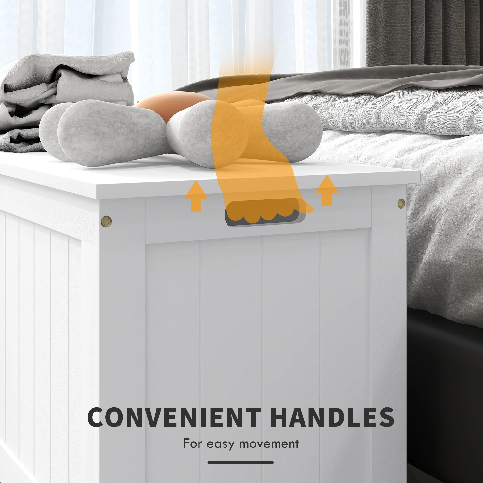 Storage Chest Bench w/ 2 Safety Hinges & Cut-out Handles for Living Room, Entryway, White - Image 8