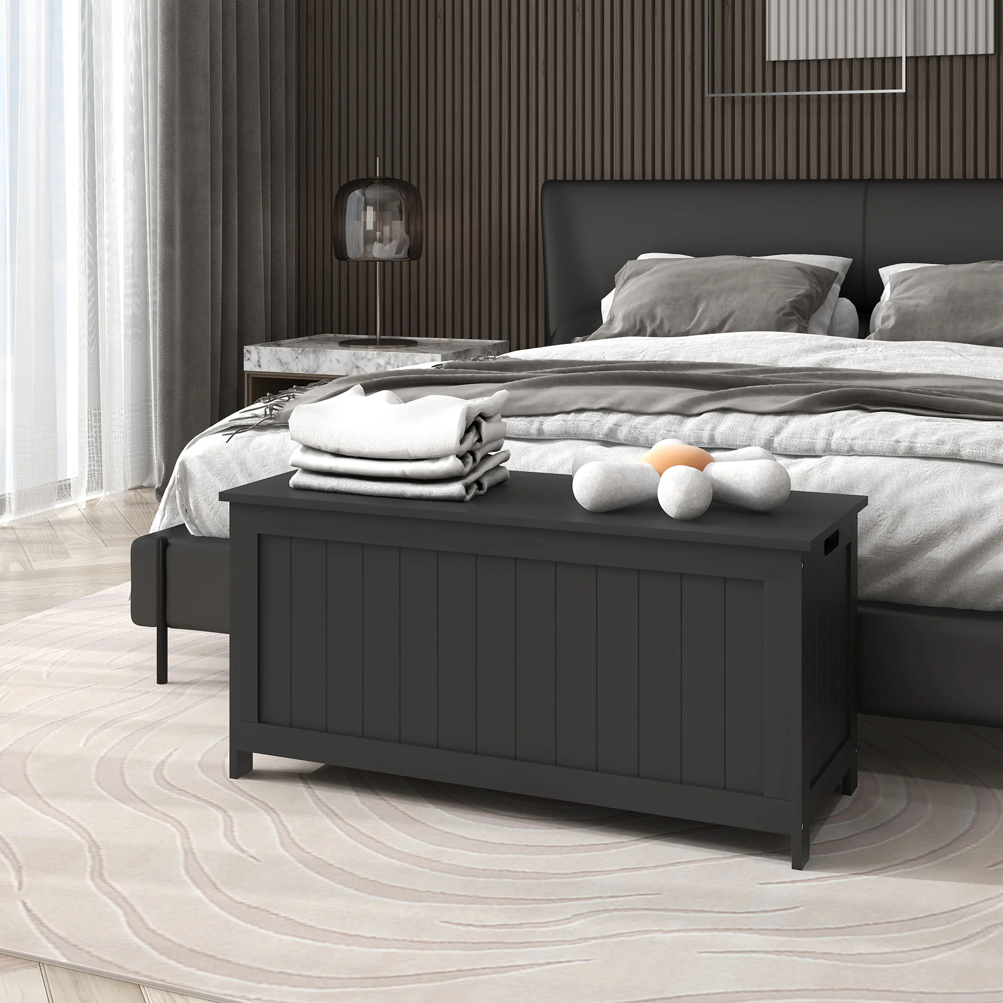 Storage Chest  Bench w/ 2 Safety Hinges & Cut-out Handles for Living Room, Entryway, Black - Image 4