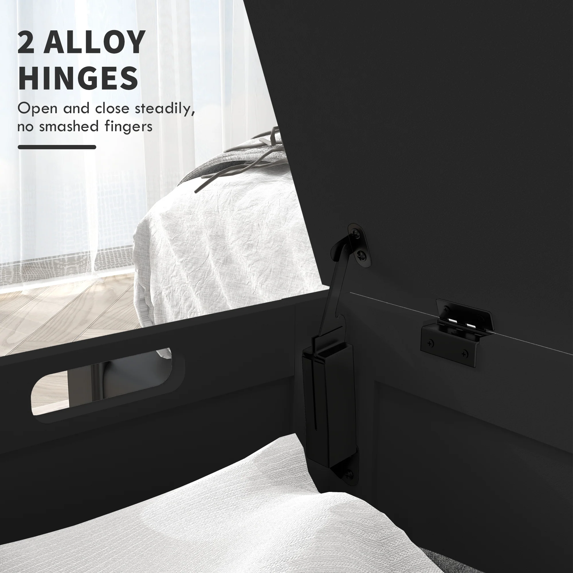Storage Chest  Bench w/ 2 Safety Hinges & Cut-out Handles for Living Room, Entryway, Black - Image 7