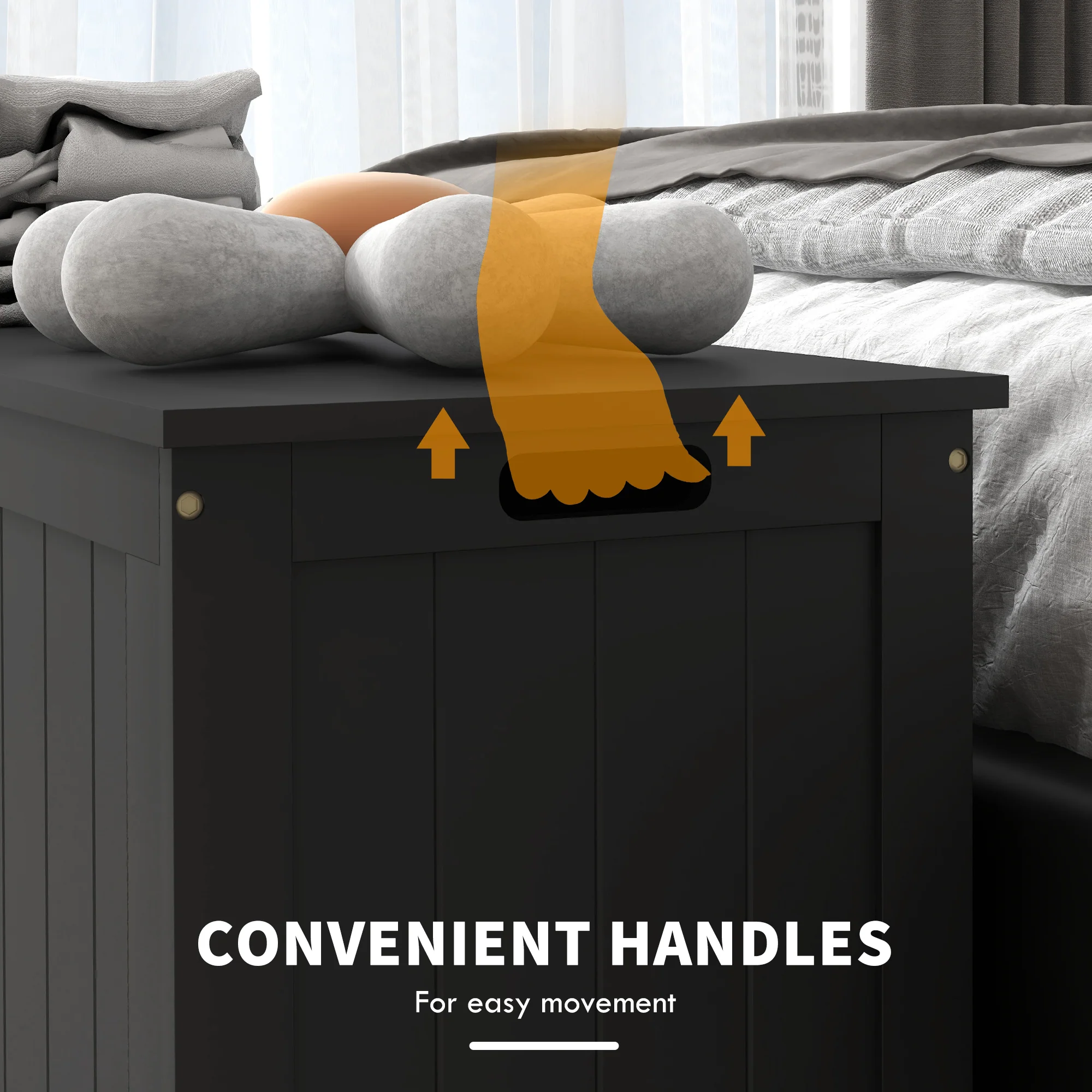Storage Chest  Bench w/ 2 Safety Hinges & Cut-out Handles for Living Room, Entryway, Black - Image 8