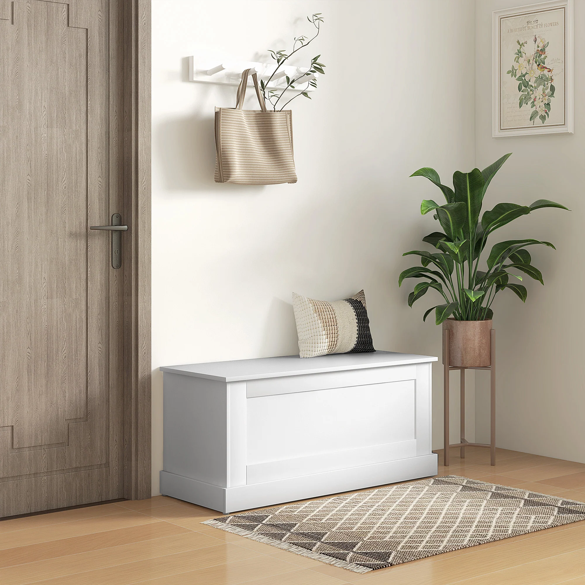 39.4" Wooden Storage Trunk with Safety Hinge for Living Room, Entryway, White Wood Grain - Image 3