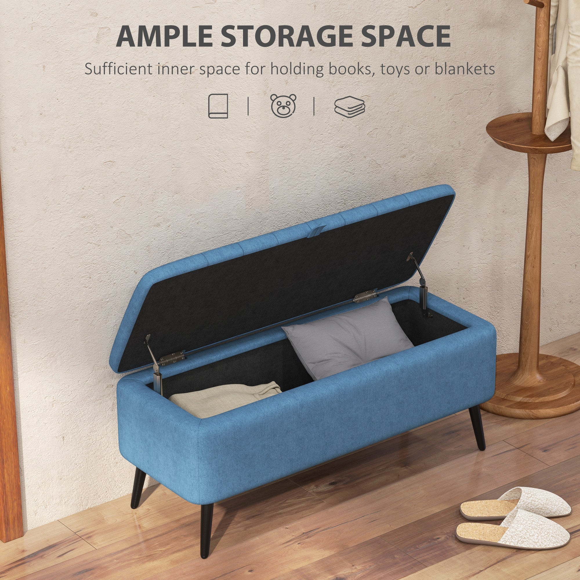 Rectangular Storage Ottoman with Flip Top & Steel Legs, Linen Fabric Footstool Bench, Blue - Image 6