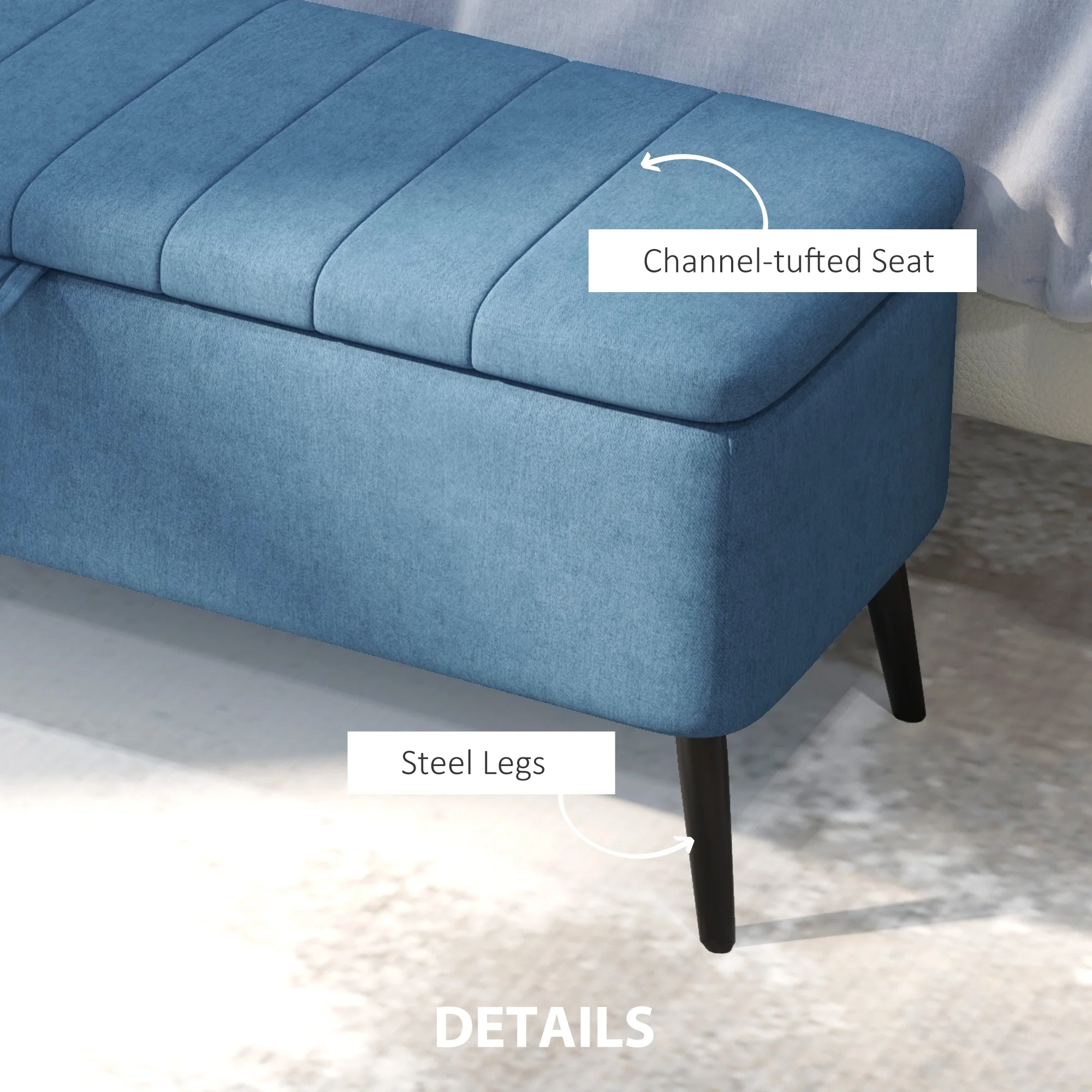 Rectangular Storage Ottoman with Flip Top & Steel Legs, Linen Fabric Footstool Bench, Blue - Image 8