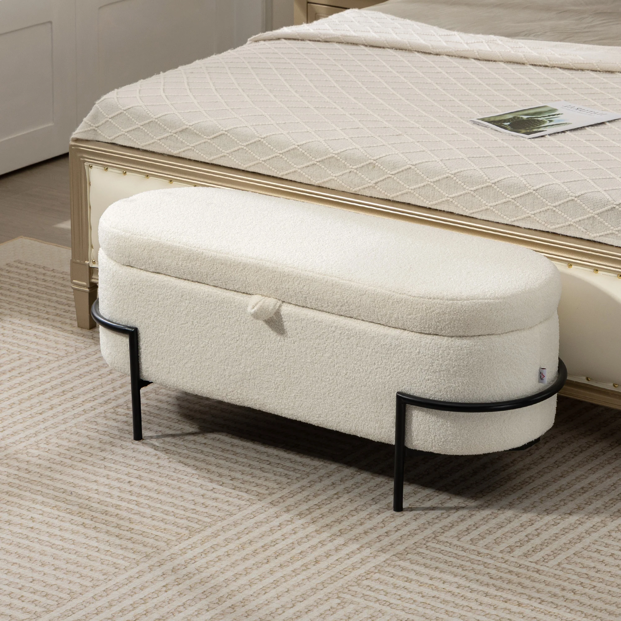 45" Sherpa Fleece Storage Ottoman Bench, Foot Rest with Lift-Up Lid and Steel Legs, End of Bed Bench, Cream White - Image 4