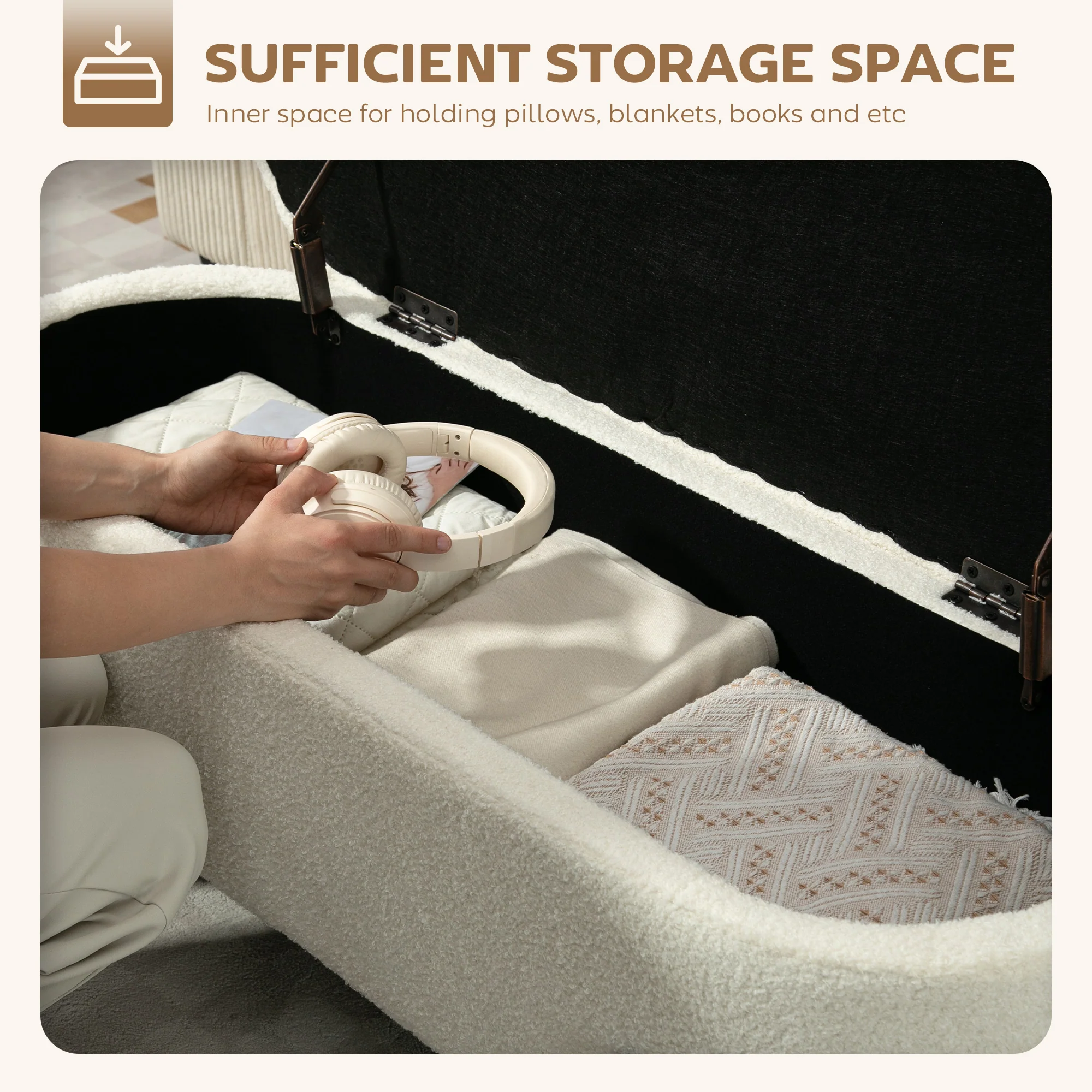 45" Sherpa Fleece Storage Ottoman Bench, Foot Rest with Lift-Up Lid and Steel Legs, End of Bed Bench, Cream White - Image 6