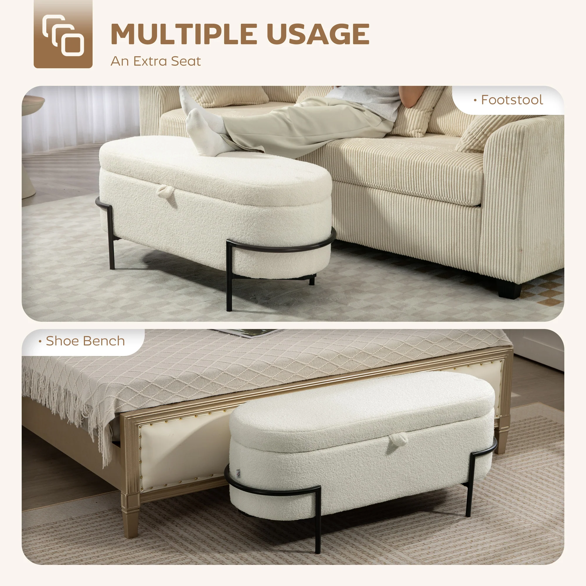 45" Sherpa Fleece Storage Ottoman Bench, Foot Rest with Lift-Up Lid and Steel Legs, End of Bed Bench, Cream White - Image 9