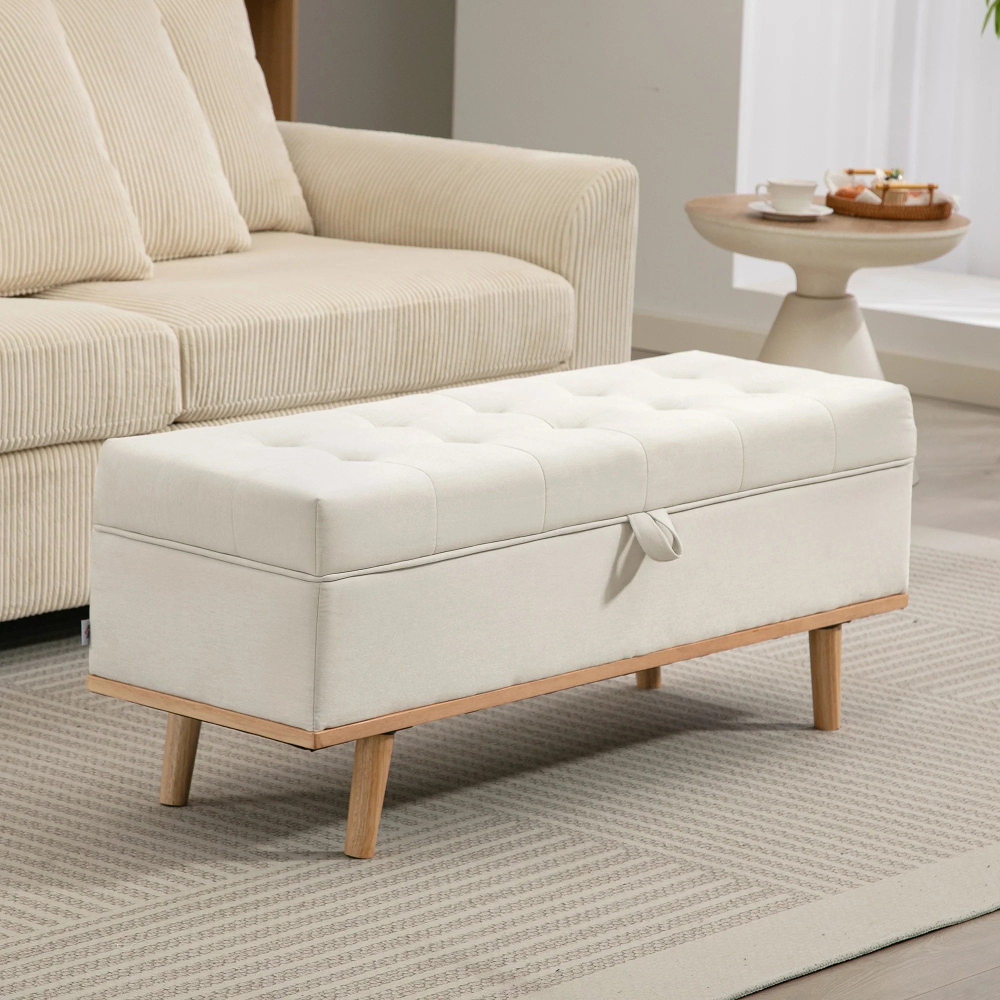 Linen Storage Ottoman Bench, Foot Rest with Lift-Up Lid and Wood Legs, End of Bed Bench, 46.5" x 16.5" x 17.7", Cream White - Image 3