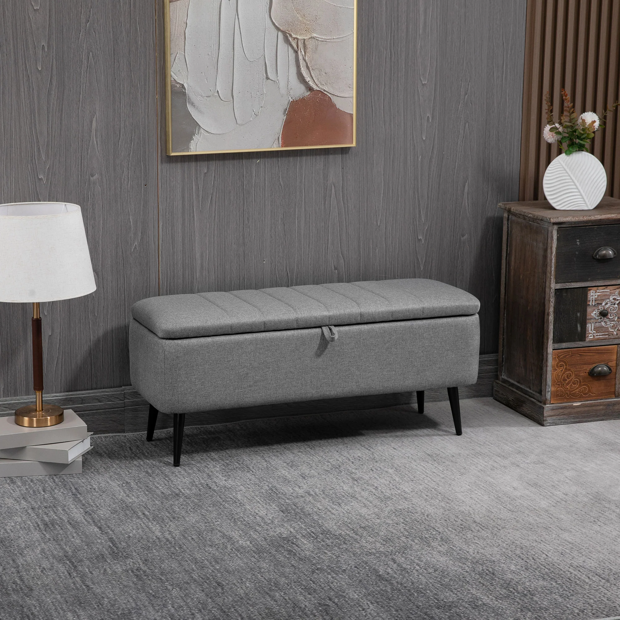 Rectangular Storage Ottoman with Flip Top & Steel Legs, Linen Fabric Footstool Bench, Grey - Image 3