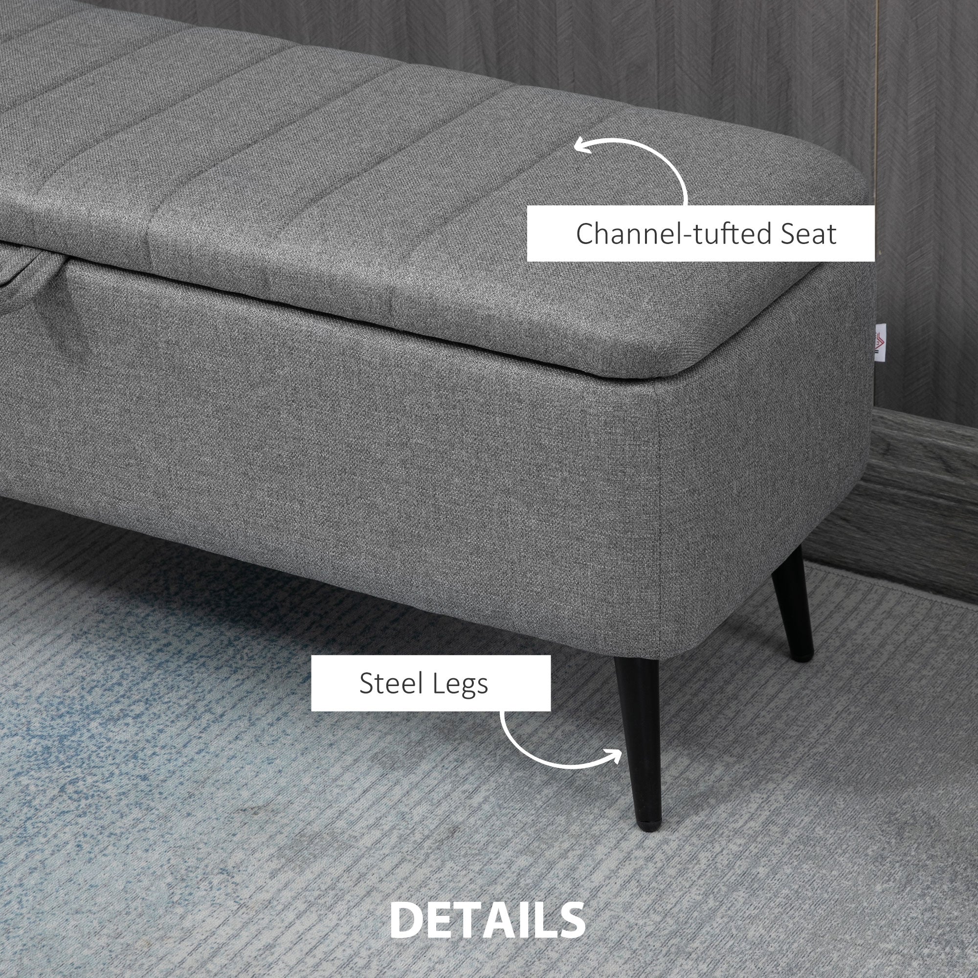 Rectangular Storage Ottoman with Flip Top & Steel Legs, Linen Fabric Footstool Bench, Grey - Image 8