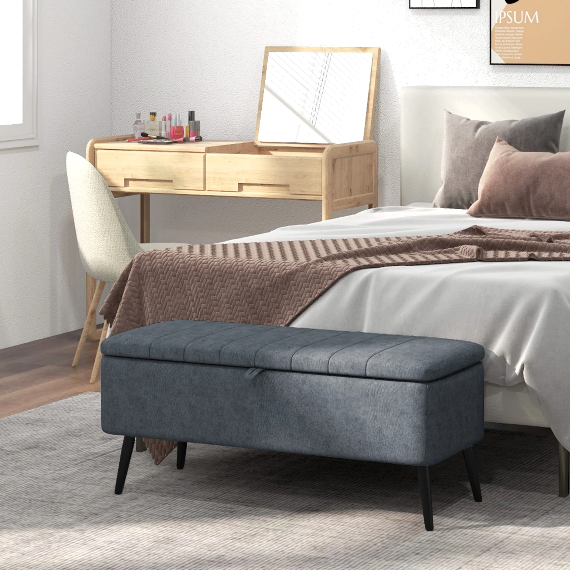 Rectangular Storage Ottoman with Flip Top & Steel Legs, Linen Fabric Footstool Bench, Dark Grey - Image 4