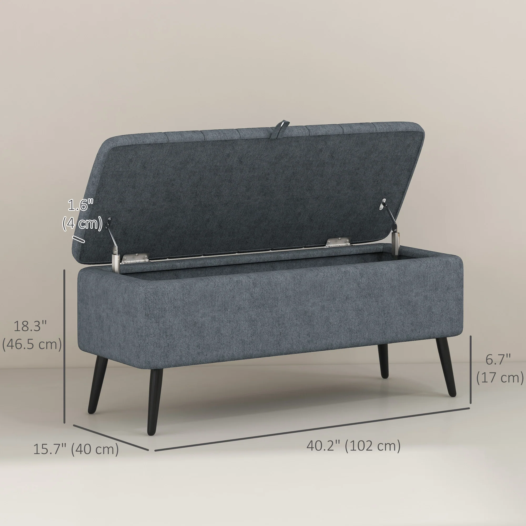 Rectangular Storage Ottoman with Flip Top & Steel Legs, Linen Fabric Footstool Bench, Dark Grey - Image 5
