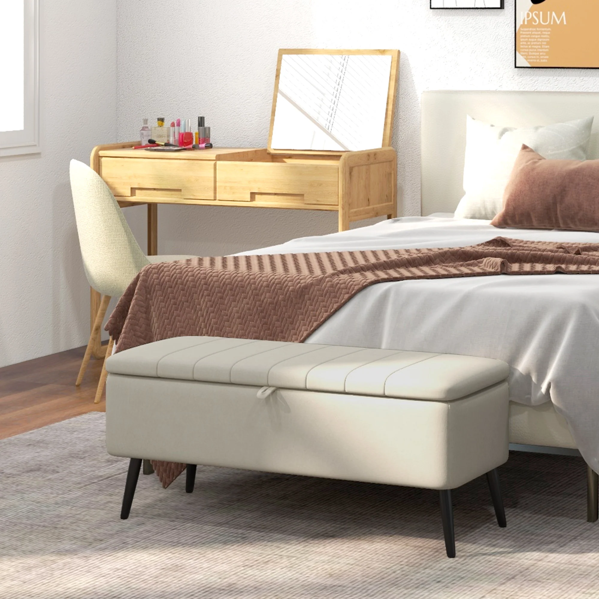 Storage Ottoman with Flip Top & Steel Legs, Linen Fabric Rectangular Bench, Cream White - Image 4