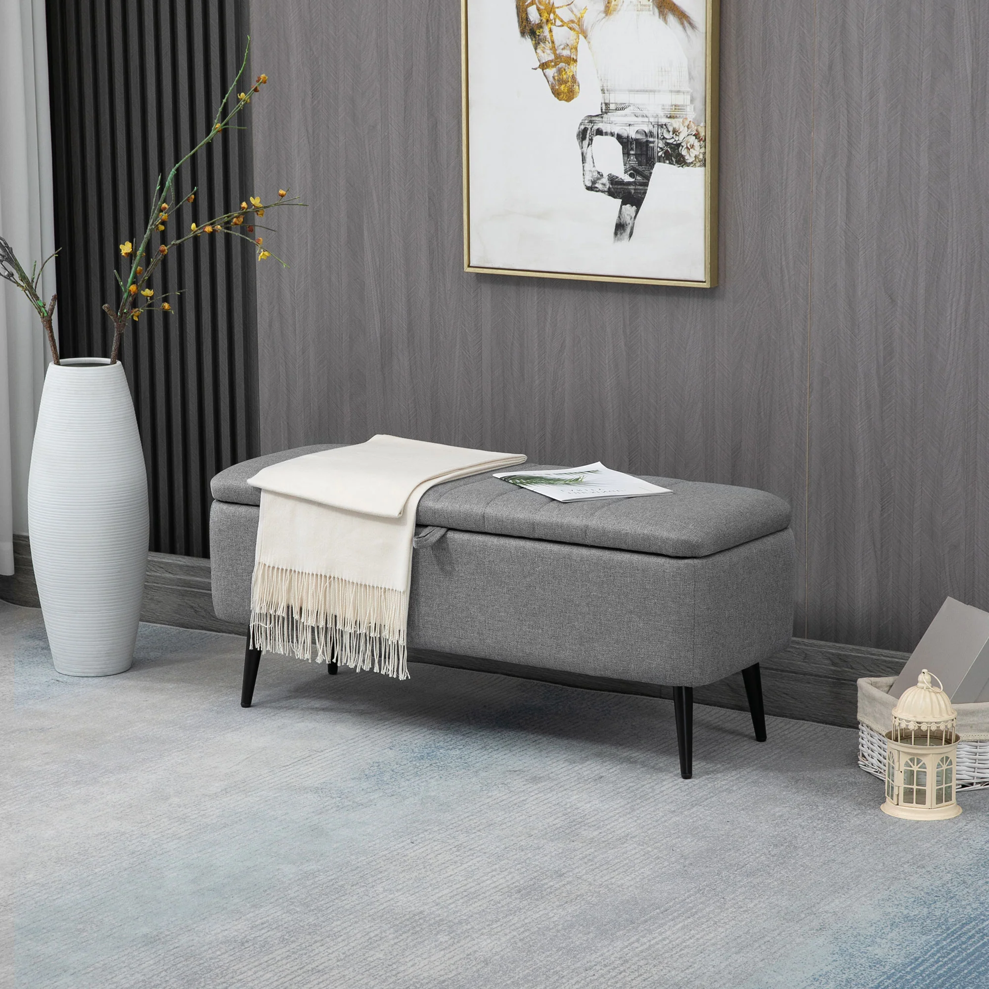 Storage Ottoman with Flip Top & Steel Legs, Linen Fabric Rectangular Bench, Grey - Image 4