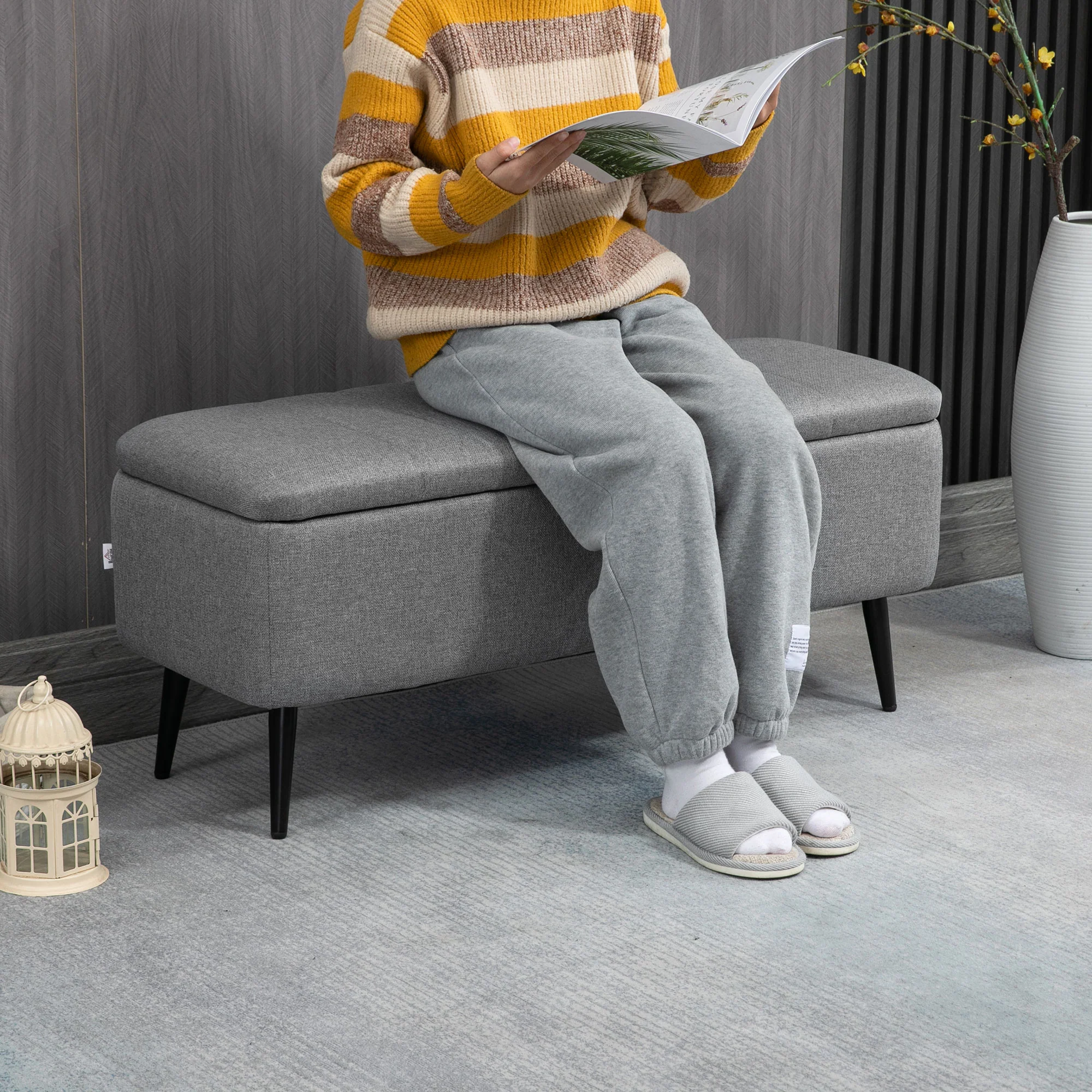Storage Ottoman with Flip Top & Steel Legs, Linen Fabric Rectangular Bench, Grey - Image 9