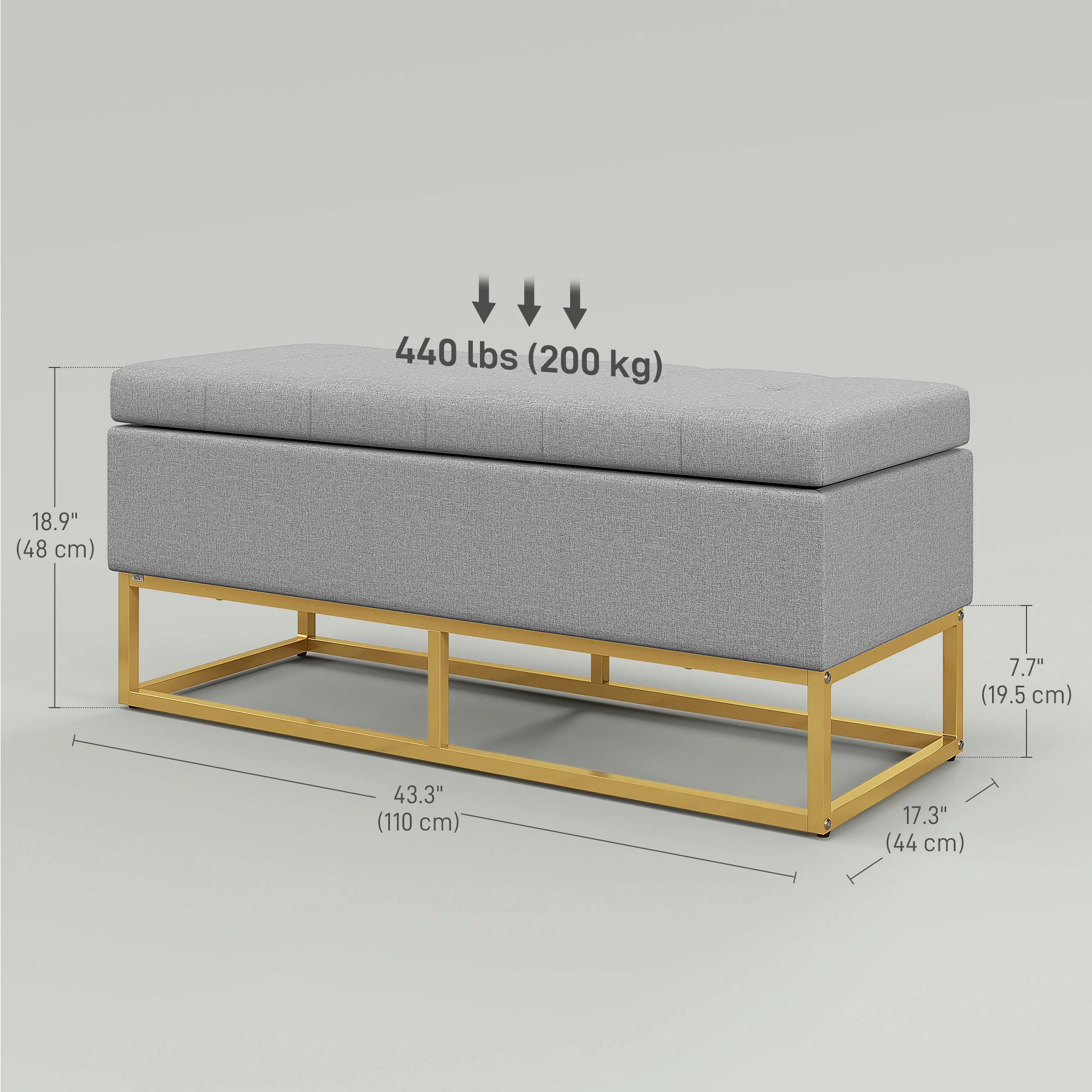 Storage Ottoman Bench with Flip Top & Golden Steel Legs, Linen Fabric Footstool, Grey - Image 5