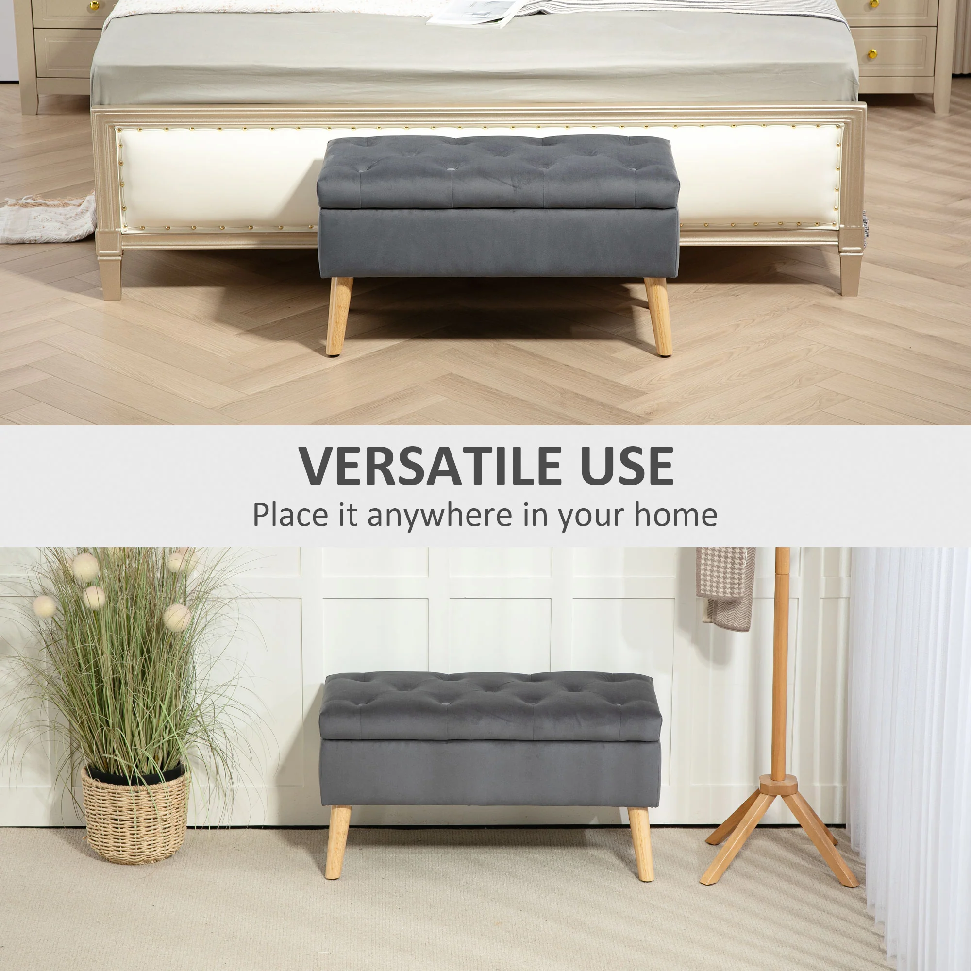 Velvet Upholstered Storage Ottoman Bench with Lid & Wood Legs for Entryway, Charcoal Grey - Image 9