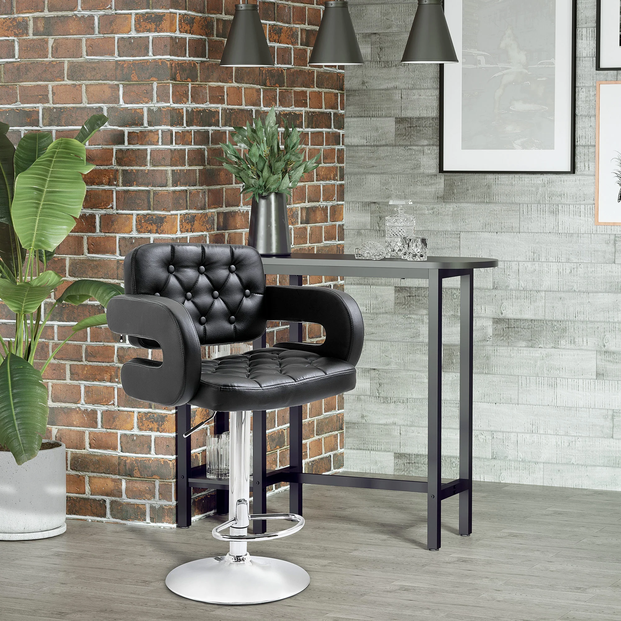 PU Leather Swivel Bar Stool with Extra Large Seat, Armrest and Footrest, Black - Image 4