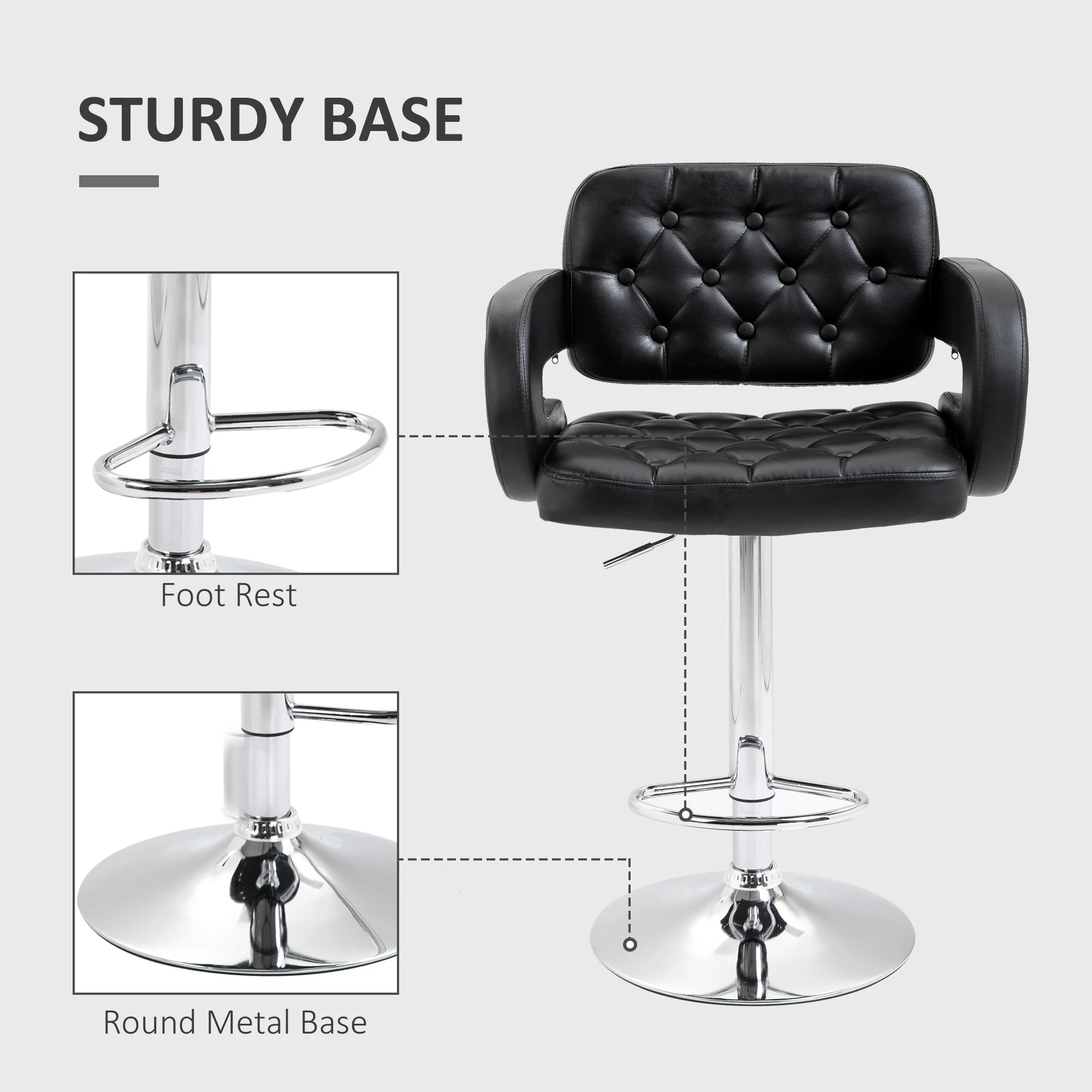 PU Leather Swivel Bar Stool with Extra Large Seat, Armrest and Footrest, Black - Image 8