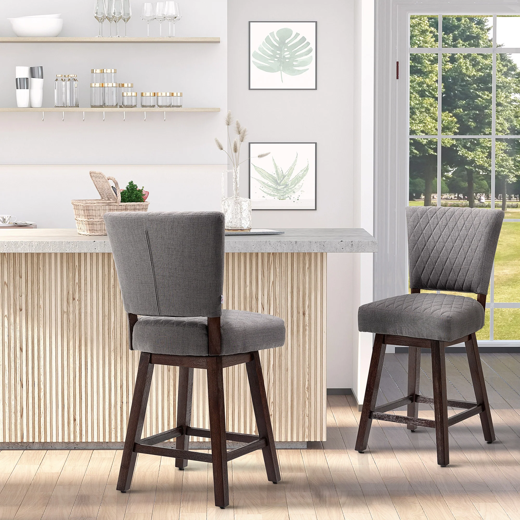 Set of 2 Swivel Bar Stools with Footrest & Back, Dark Grey - Image 11