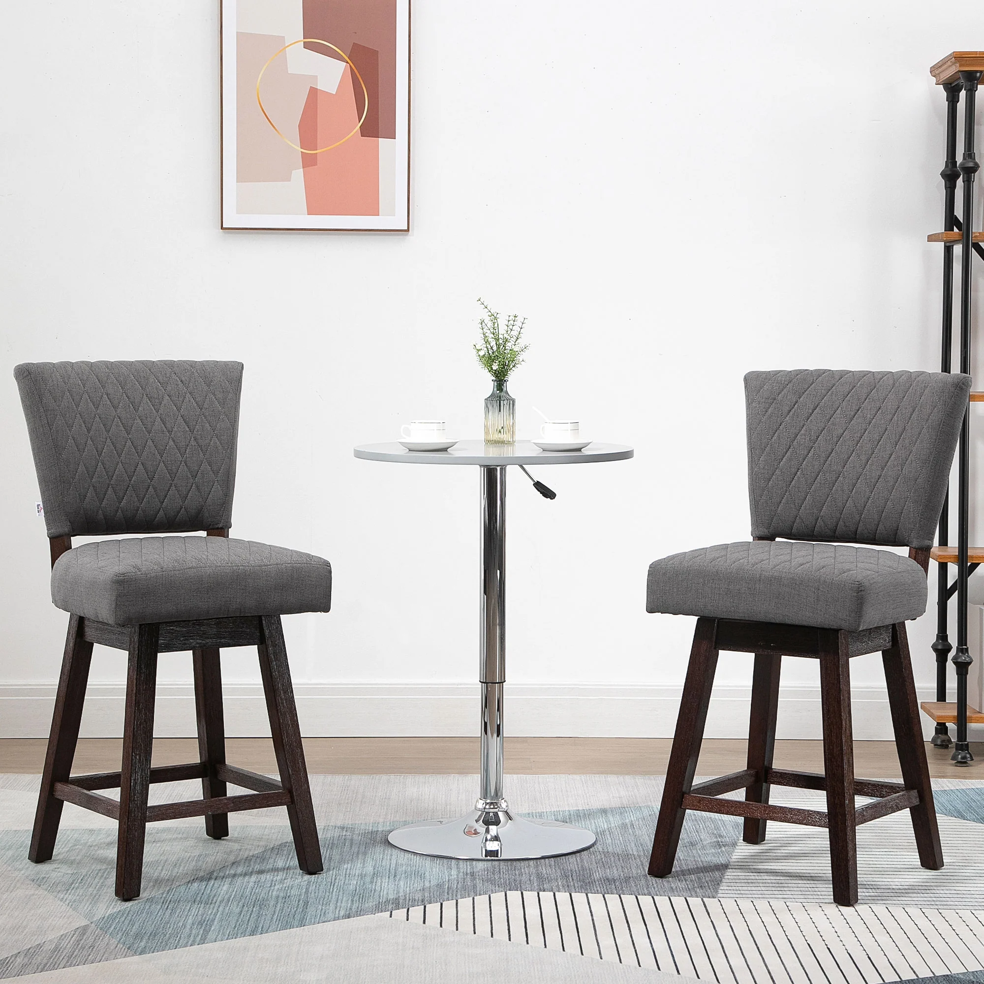 Set of 2 Swivel Bar Stools with Footrest & Back, Dark Grey - Image 3