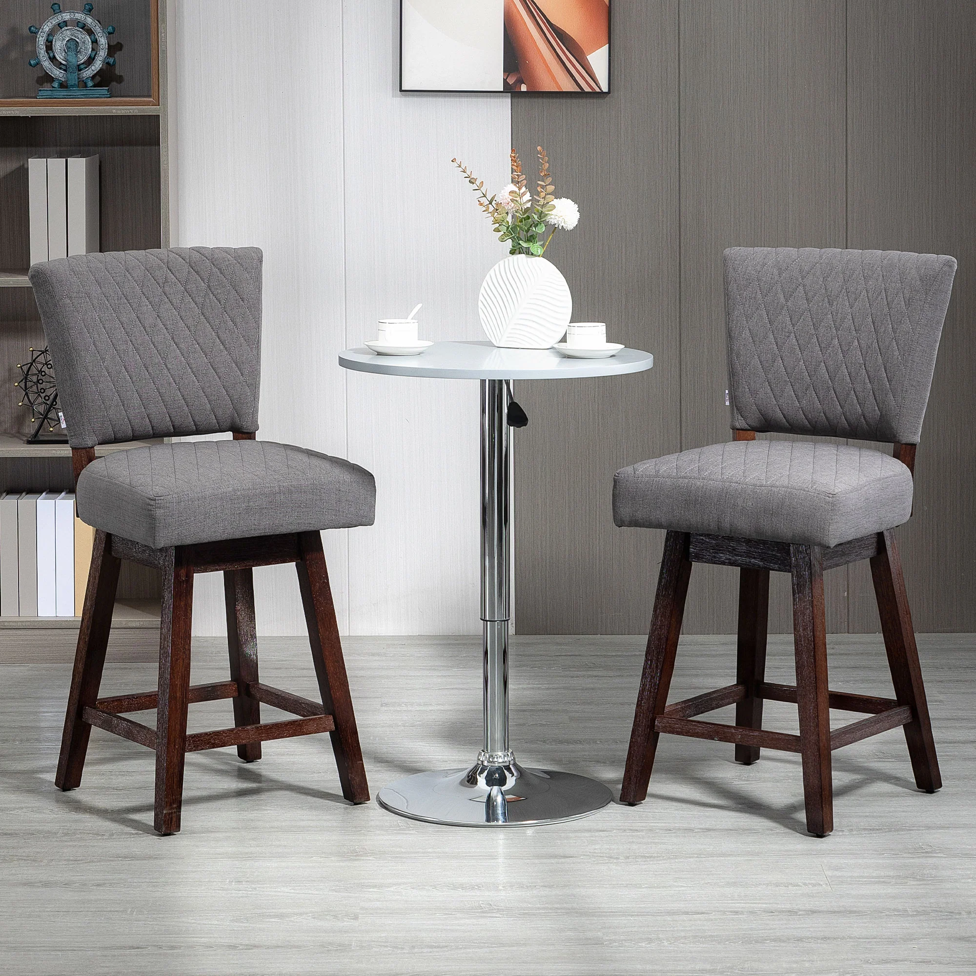 Set of 2 Swivel Bar Stools with Footrest & Back, Dark Grey - Image 4