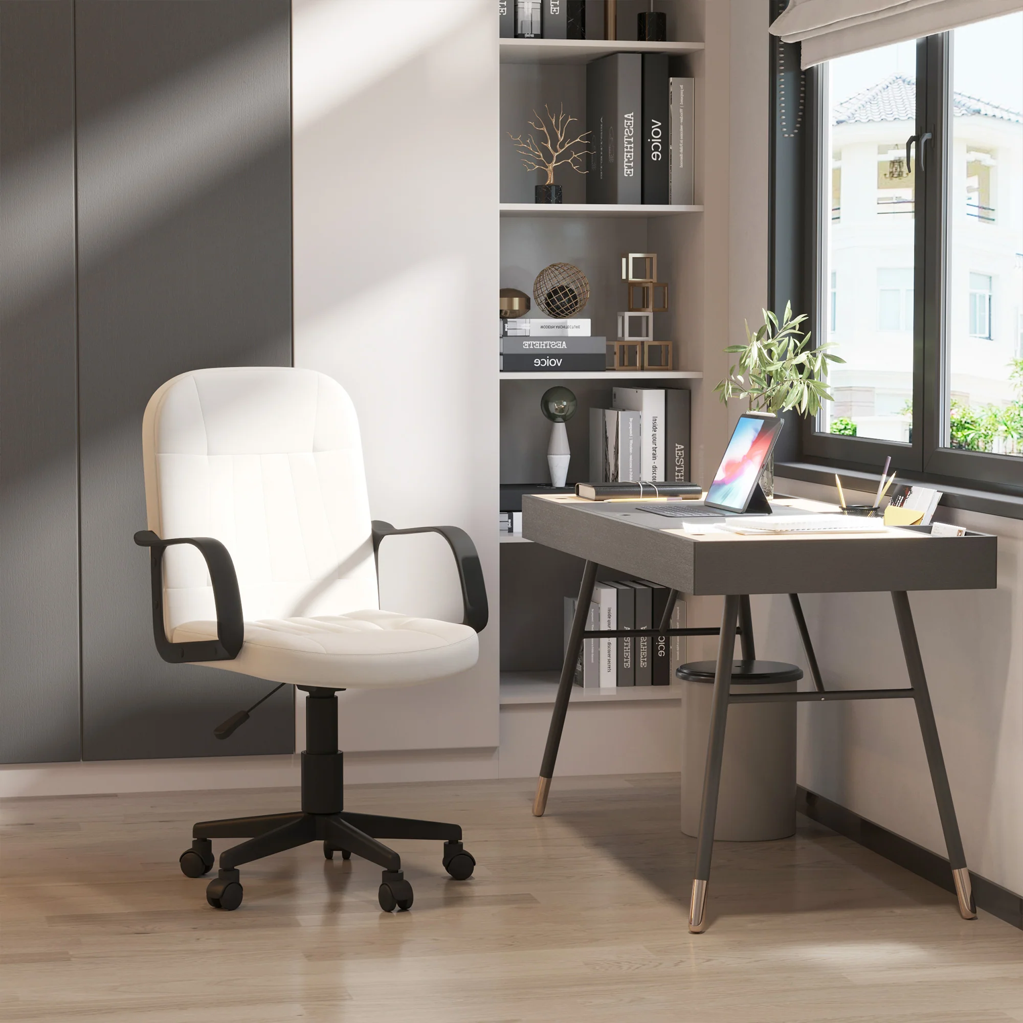 Swivel Executive Office Chair, PU Leather Computer Desk Chair with Arm, Wheels, Cream - Image 4