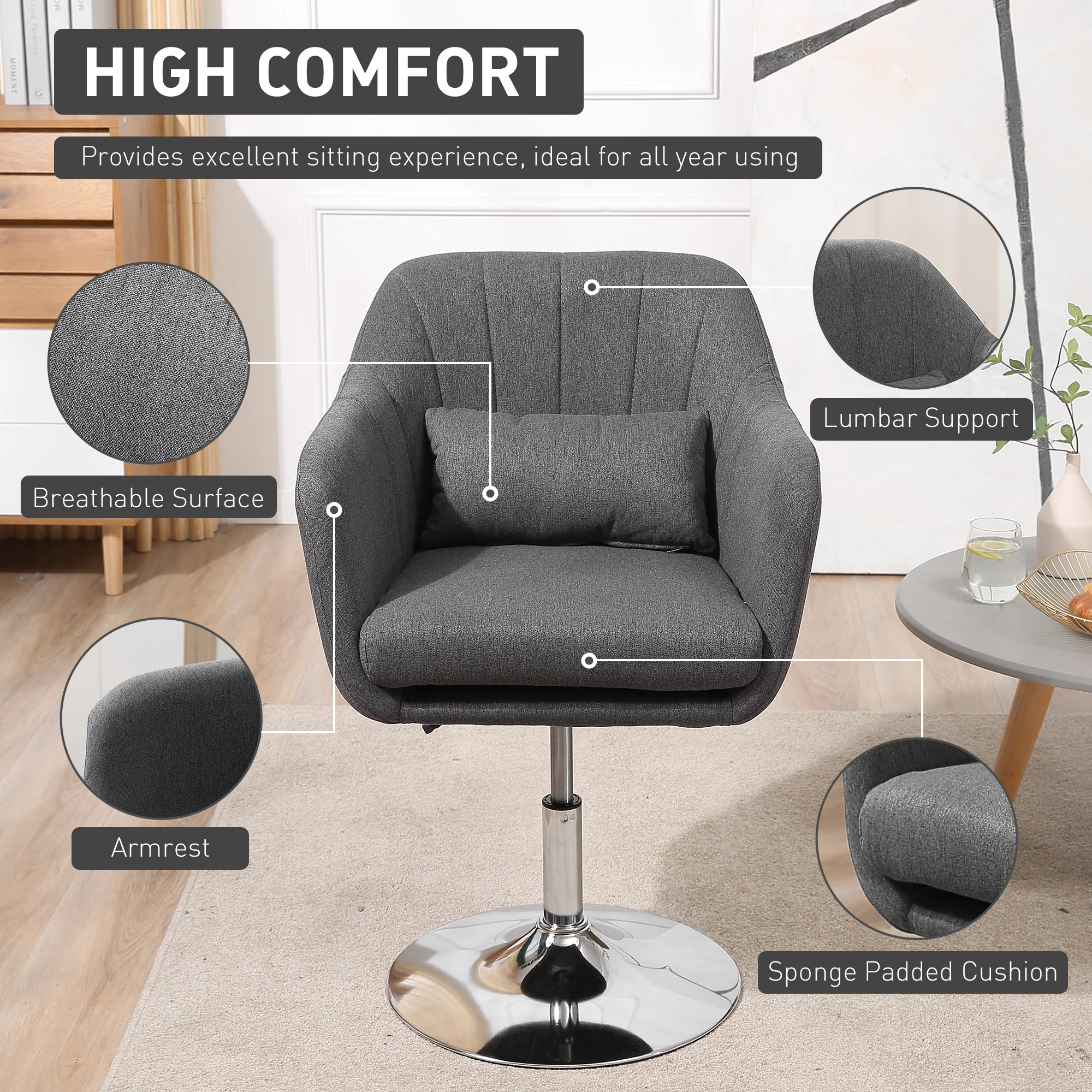Swivel Linen Accent Chair with Adjustable Height & Back Pillow for Bedroom Office, Dark Grey - Image 8