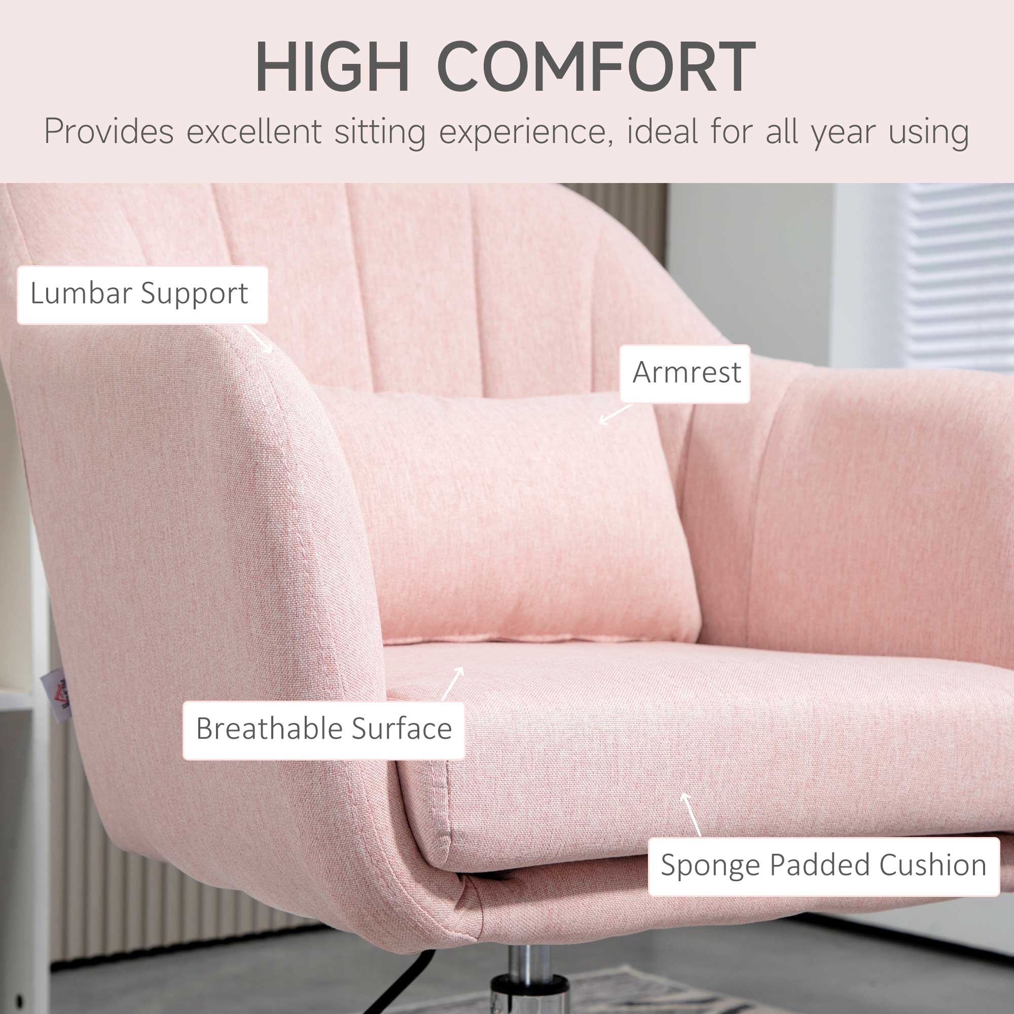 Swivel Linen Accent Chair with Adjustable Height & Back Pillow for Bedroom Office, Pink - Image 8