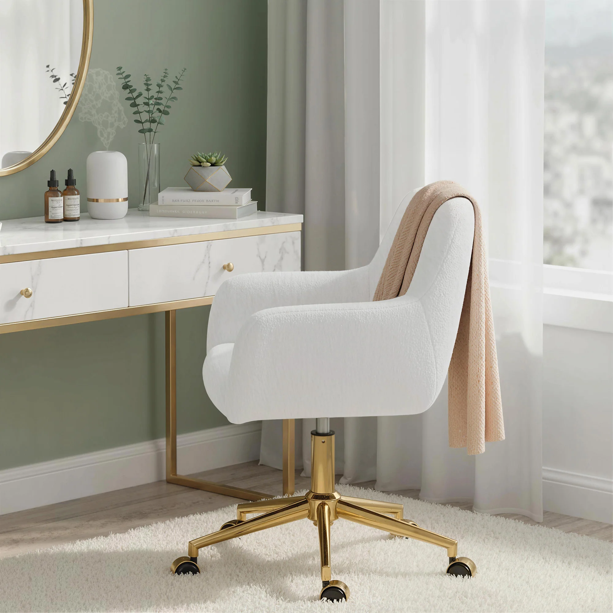 Elegant Faux Rabbit Fur Swivel Office Chair with Adjustable Height, Cream White - Image 10