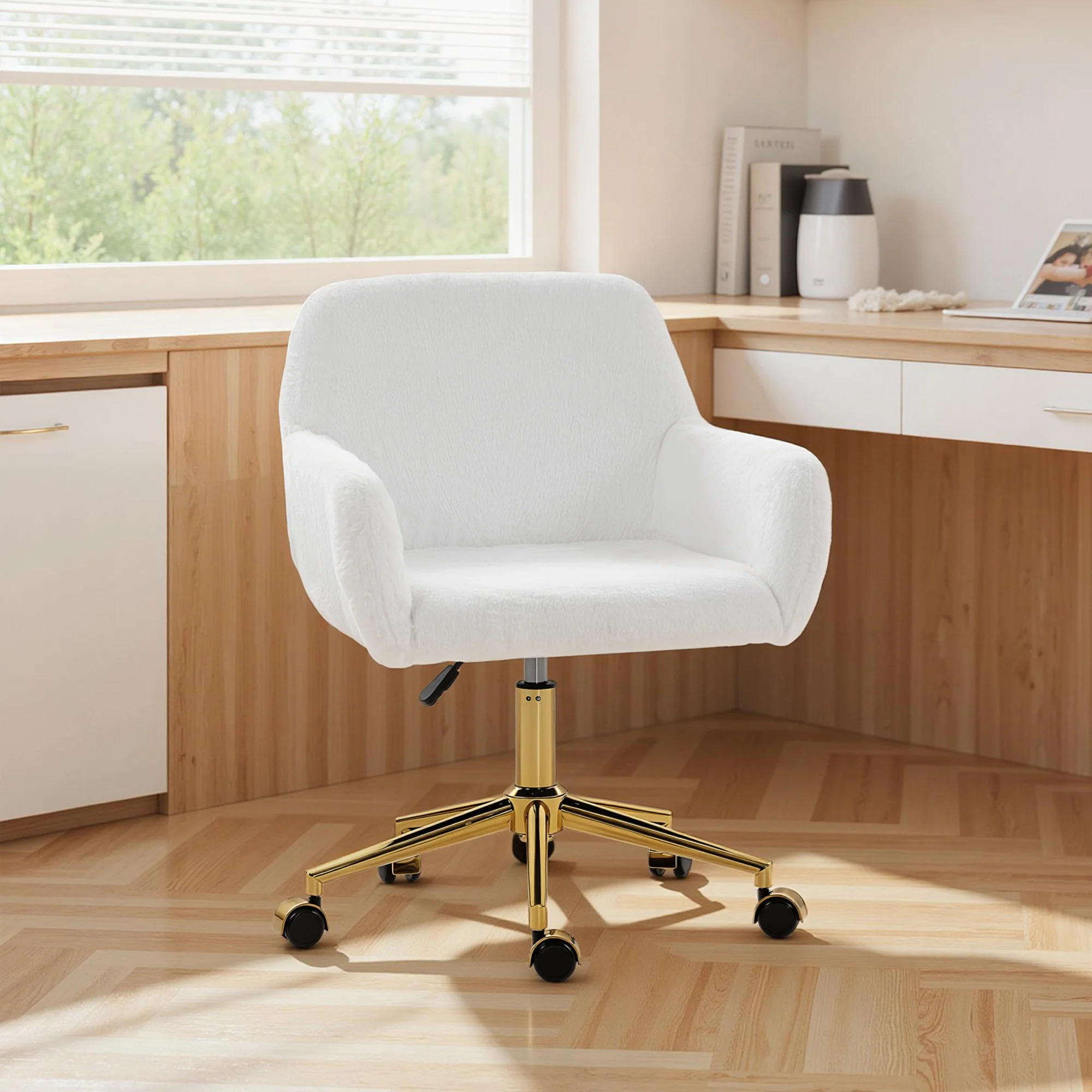 Elegant Faux Rabbit Fur Swivel Office Chair with Adjustable Height, Cream White - Image 11