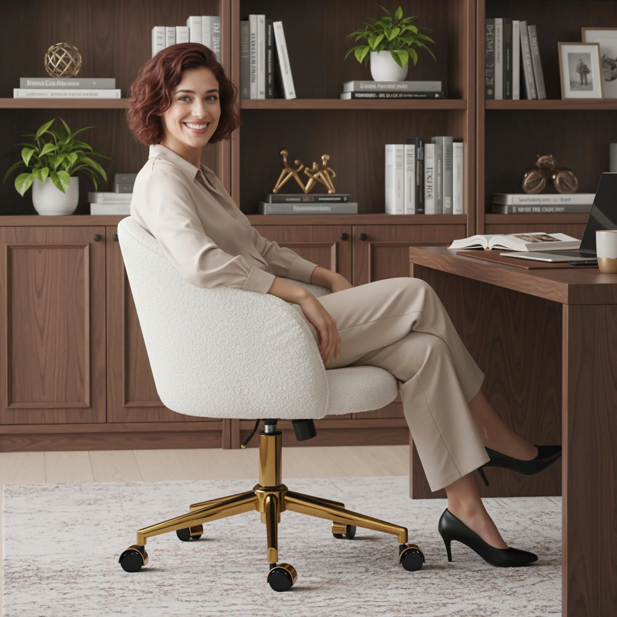 Teddy Fleece Upholstered Vanity Desk Chair with Adjustable Height, Rolling Wheels, Cream White - Image 11
