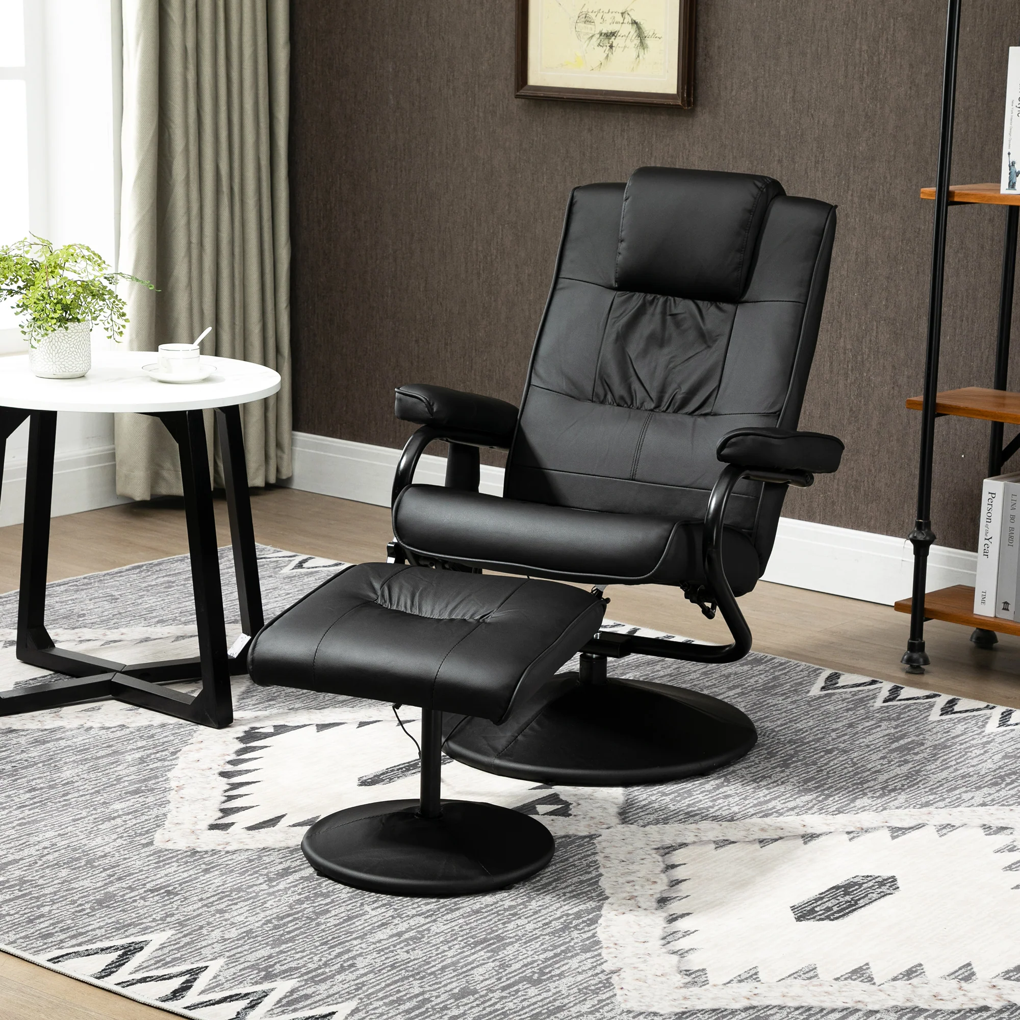 Manual Sofa Reclining Armchair, PU Leather Massage Recliner Chair and Ottoman, Black - Image 3