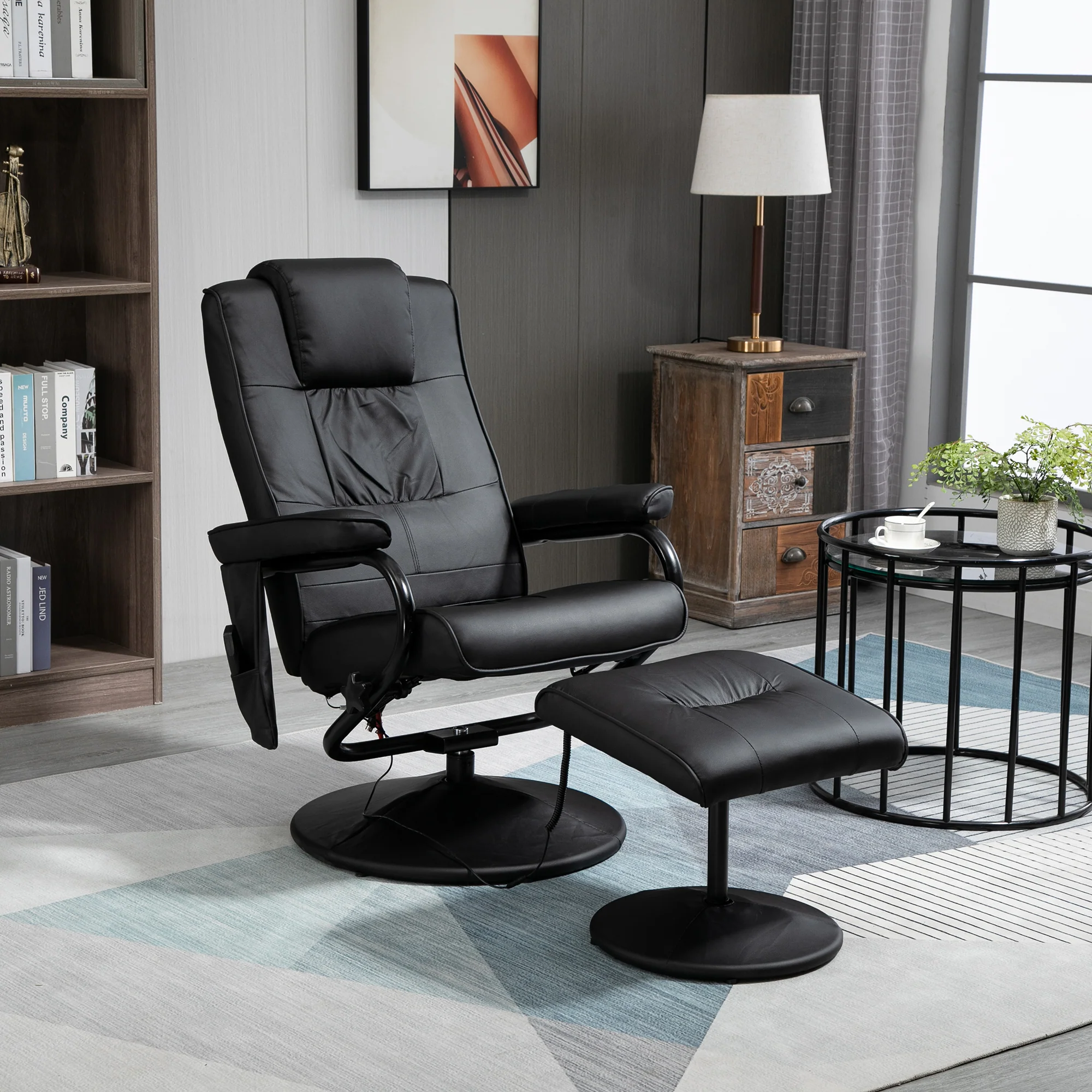Manual Sofa Reclining Armchair, PU Leather Massage Recliner Chair and Ottoman, Black - Image 4