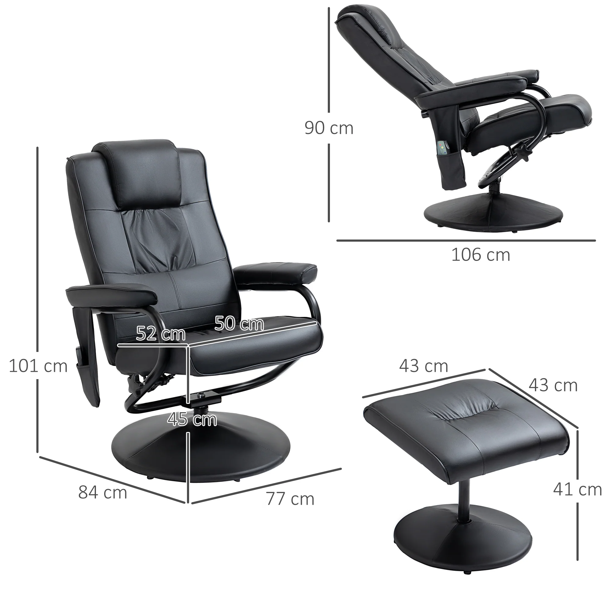 Manual Sofa Reclining Armchair, PU Leather Massage Recliner Chair and Ottoman, Black - Image 5