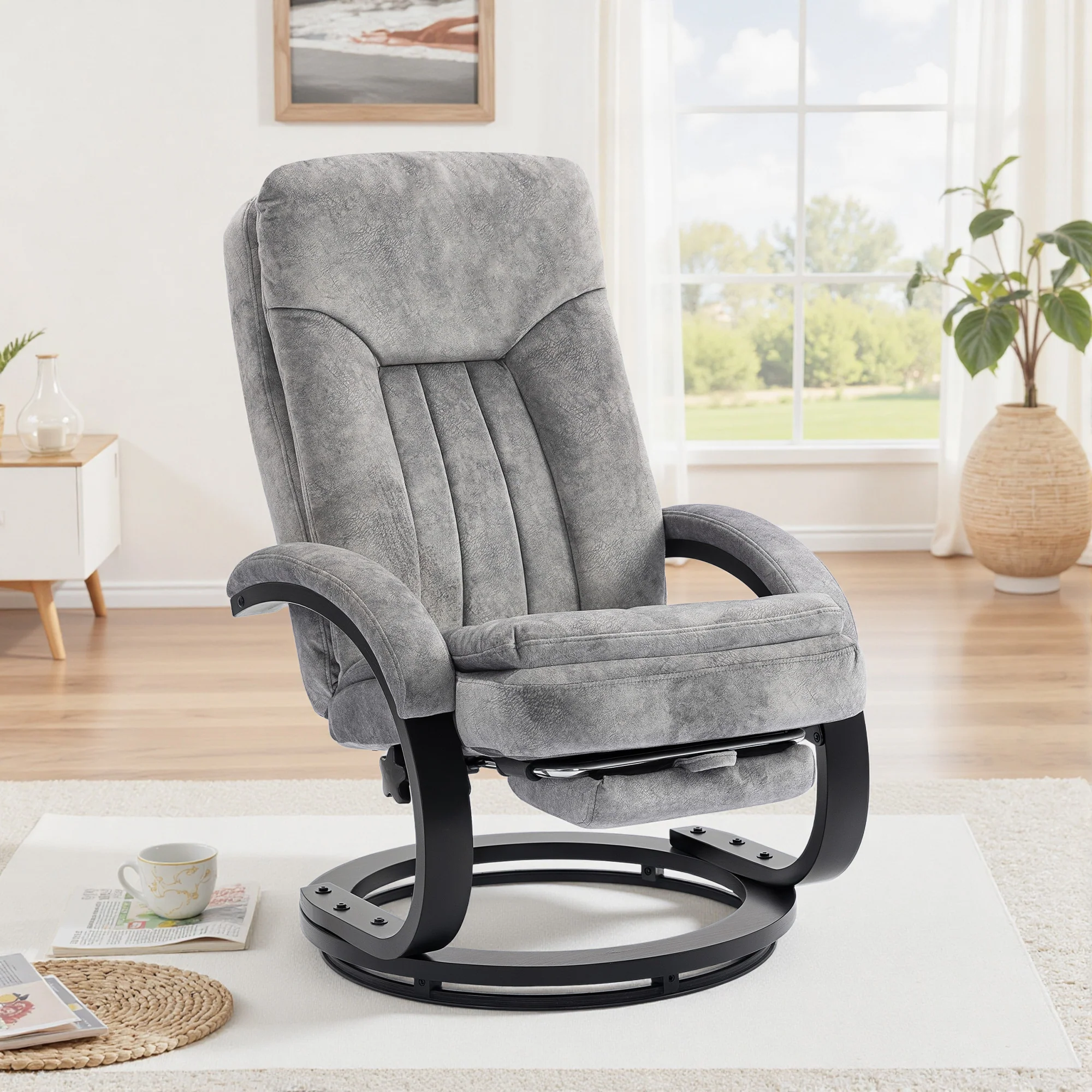 Plush Velvet Upholstered Swivel Recliner Chair with Footrest, Manual Recliner Armchair for Living Room, Grey - Image 10