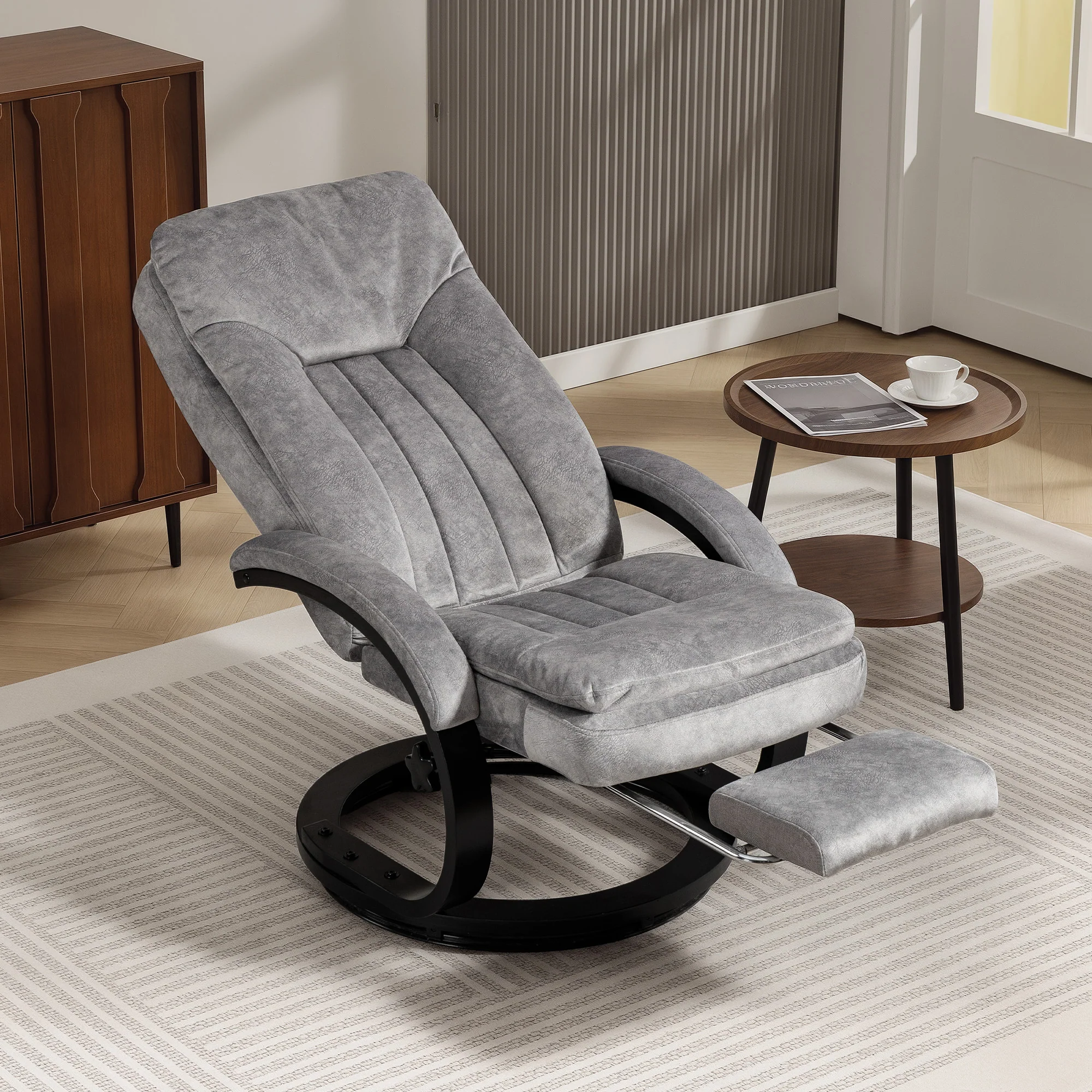 Plush Velvet Upholstered Swivel Recliner Chair with Footrest, Manual Recliner Armchair for Living Room, Grey - Image 3