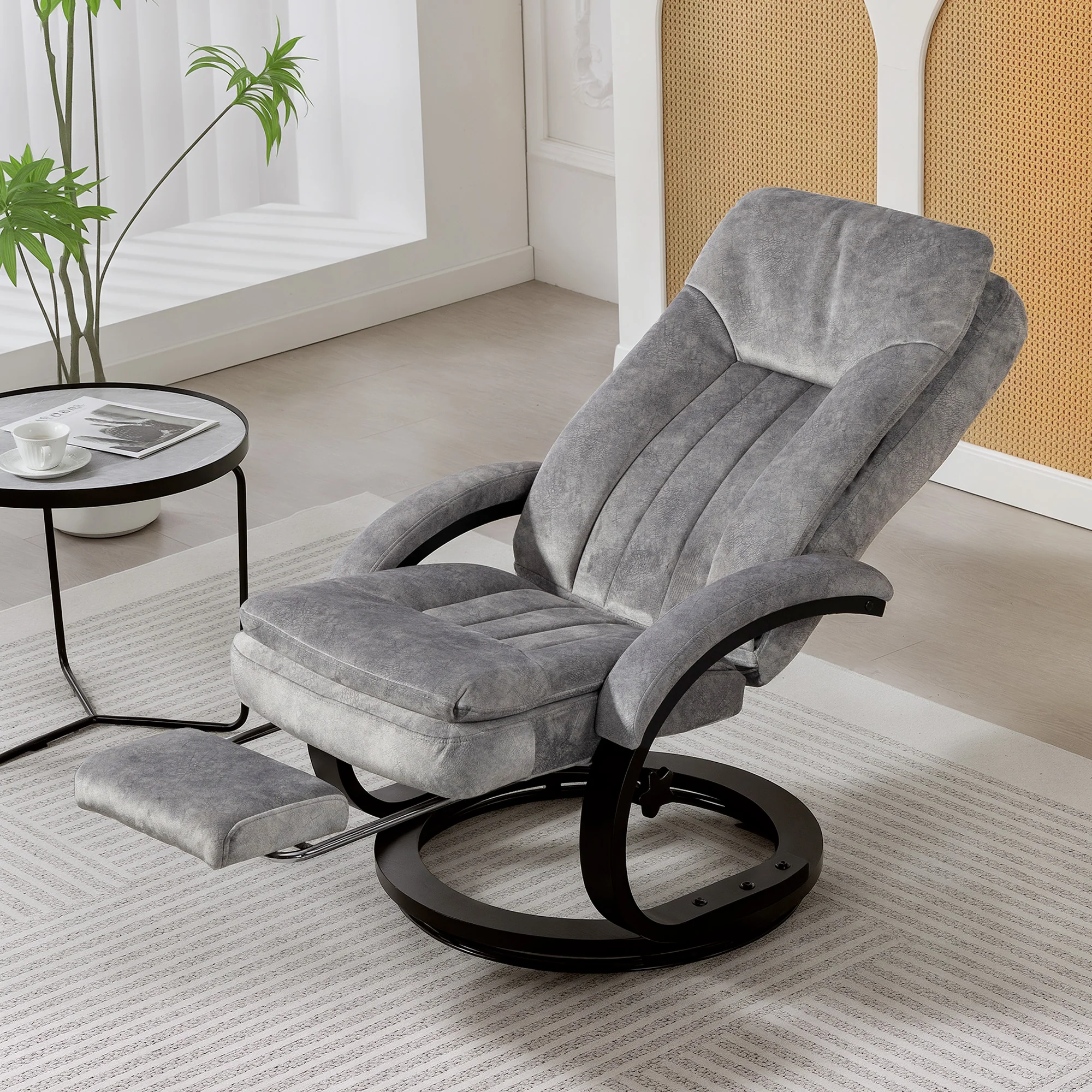Plush Velvet Upholstered Swivel Recliner Chair with Footrest, Manual Recliner Armchair for Living Room, Grey - Image 4