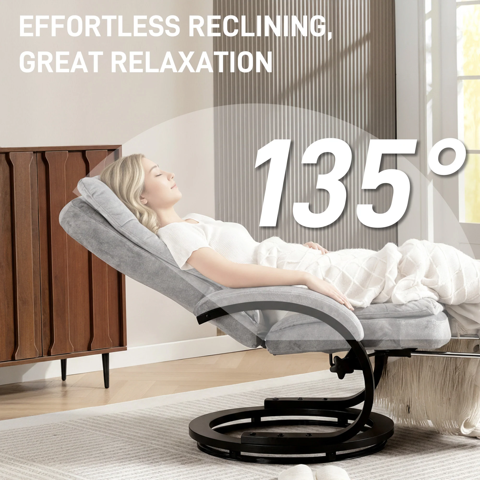 Plush Velvet Upholstered Swivel Recliner Chair with Footrest, Manual Recliner Armchair for Living Room, Grey - Image 6