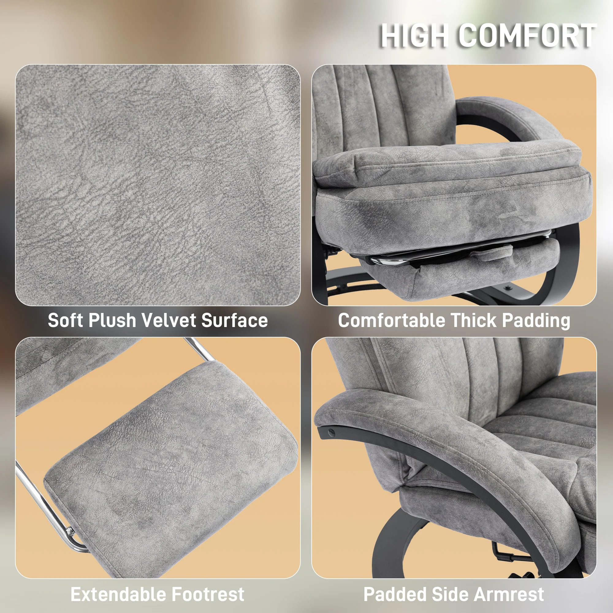 Plush Velvet Upholstered Swivel Recliner Chair with Footrest, Manual Recliner Armchair for Living Room, Grey - Image 8