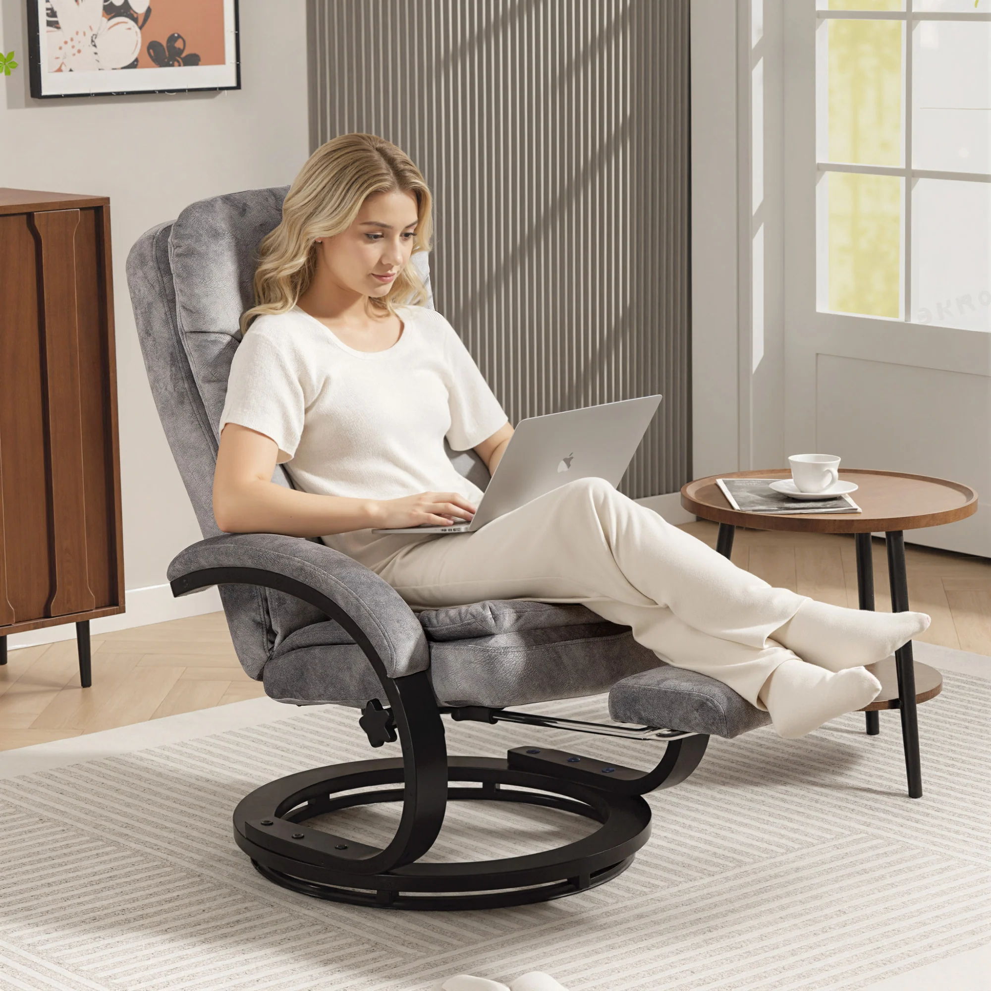 Plush Velvet Upholstered Swivel Recliner Chair with Footrest, Manual Recliner Armchair for Living Room, Grey - Image 9